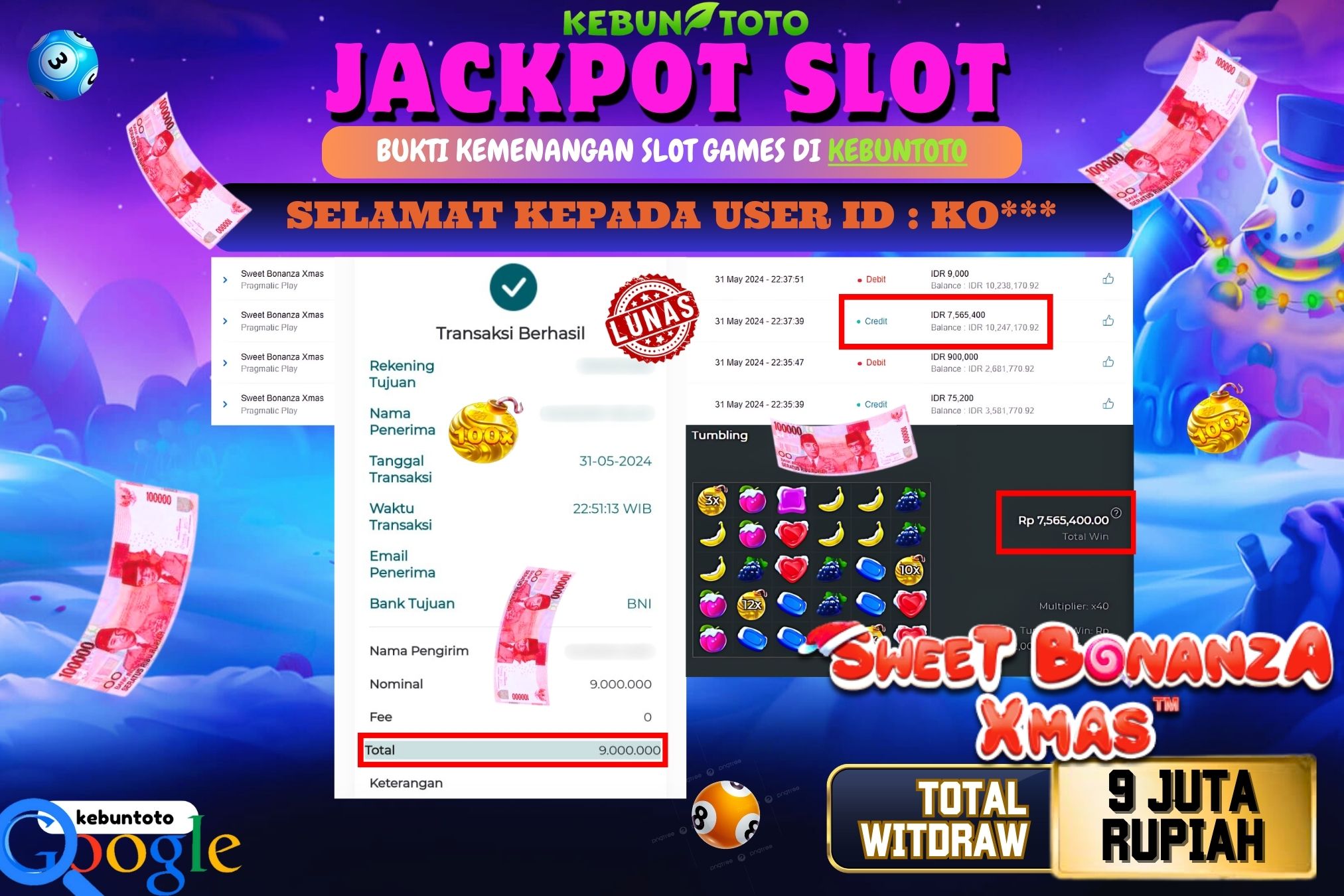 KEBUNTOTO JACKPOT SLOT SWEET BONANZA XMAS Rp.9.000.000,- LUNAS