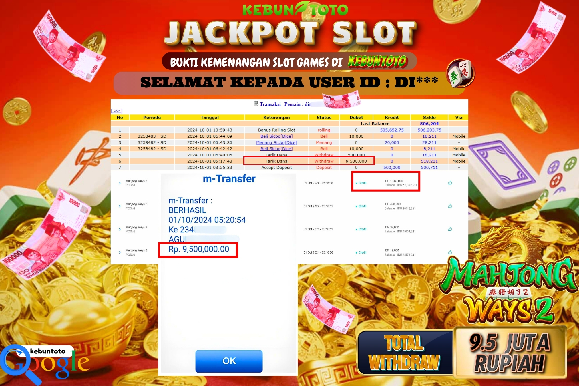 KEBUNTOTO JACKPOT SLOT MAHJONG WAYS Rp.9.500.000,- LUNAS