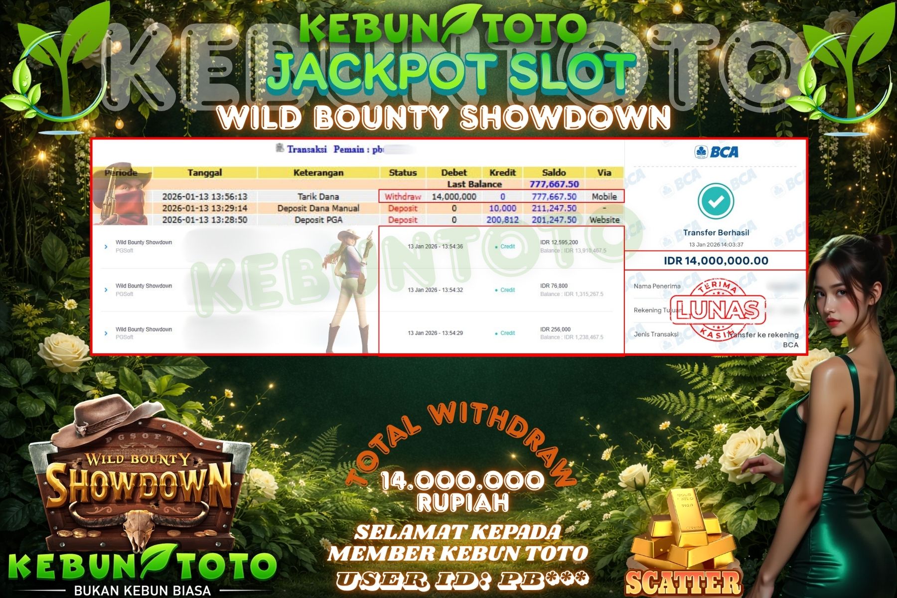 Bukti Kemenangan Rp 14.000.000 SLOT WILD BOUNTY SHOWDOWN di KEBUNTOTO!