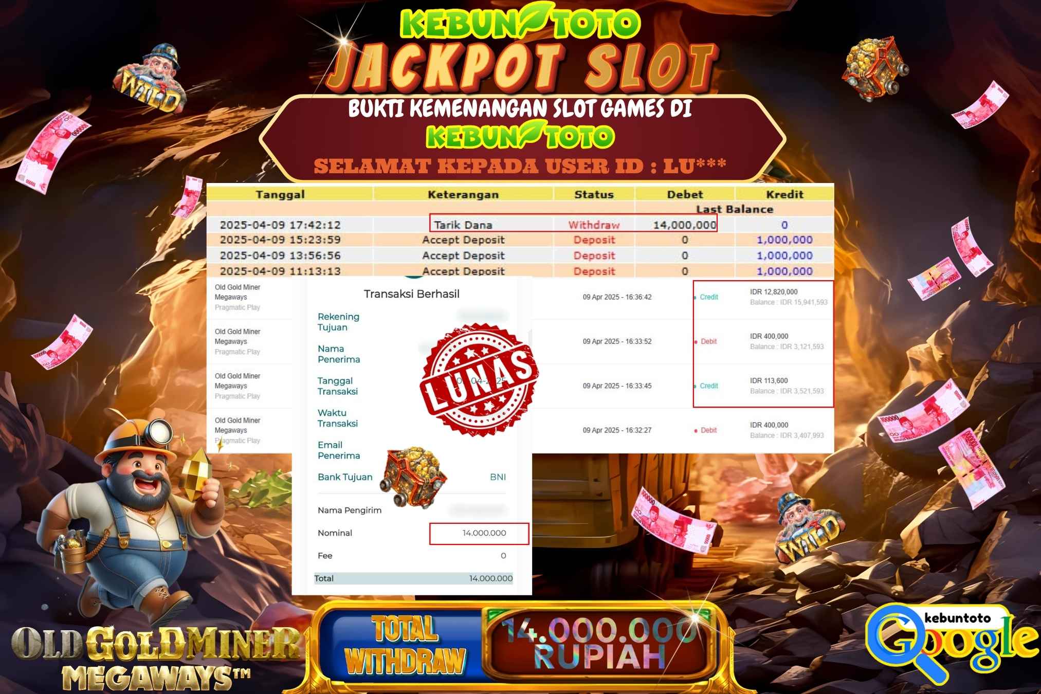 KEBUNTOTO JACKPOT, SLOT OLD GOLD MINER MEGAWAYS Rp 14.000.000,- LUNAS
