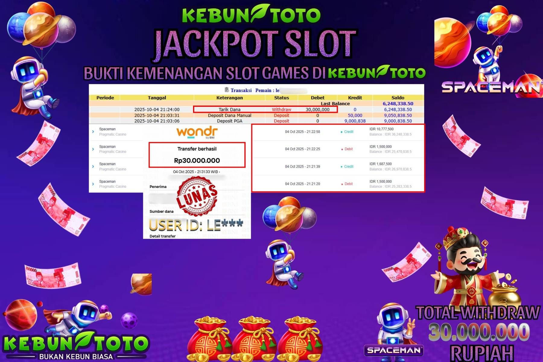 Bukti Kemenangan Rp 30.000.000 SLOT  SLOT SPACEMAN di KEBUNTOTO!