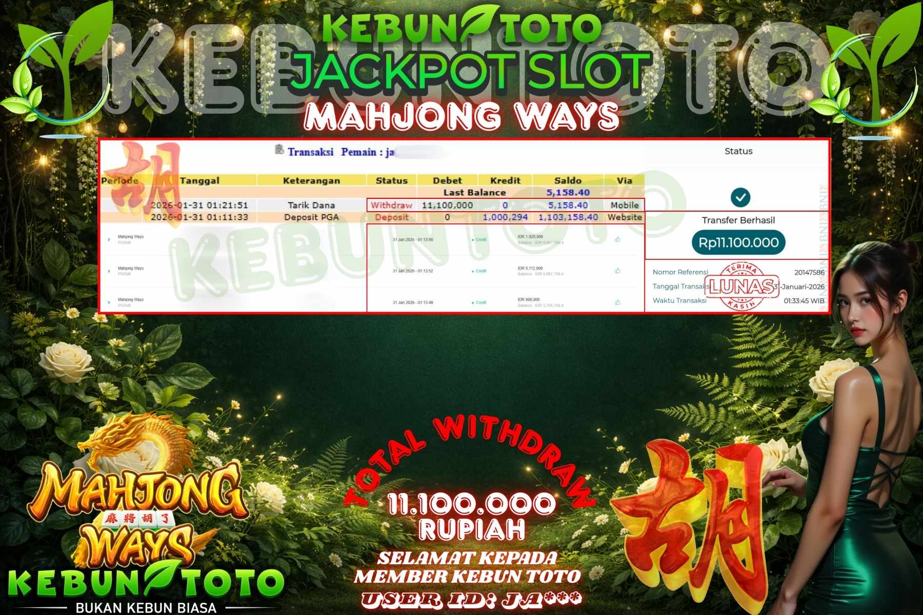 Bukti Kemenangan Rp 11.100.000 SLOT MAHJONG WAYS di KEBUNTOTO!