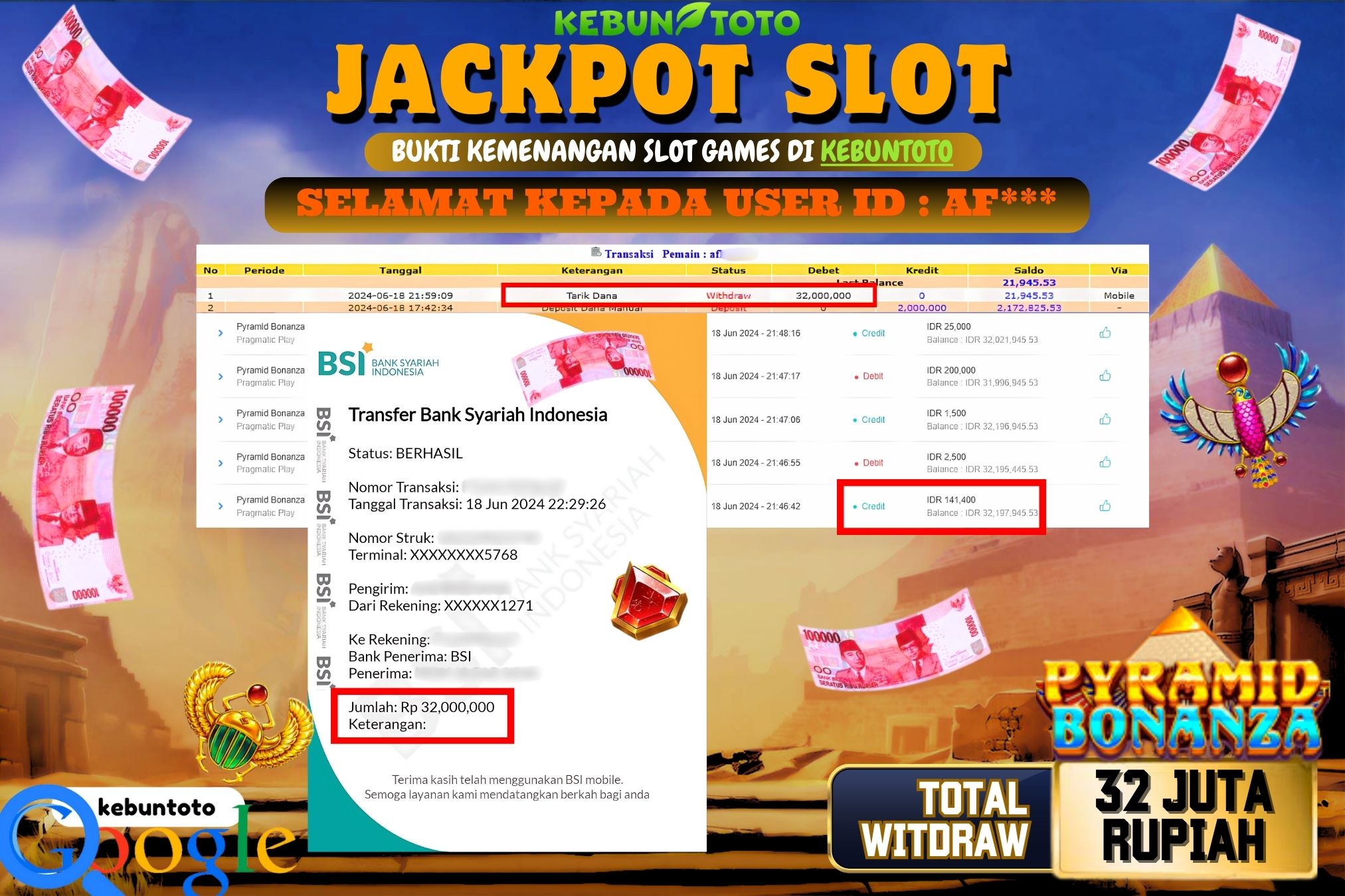 KEBUNTOTO JACKPOT SLOT PYRAMID BONANZA Rp.32.000.000,- LUNAS