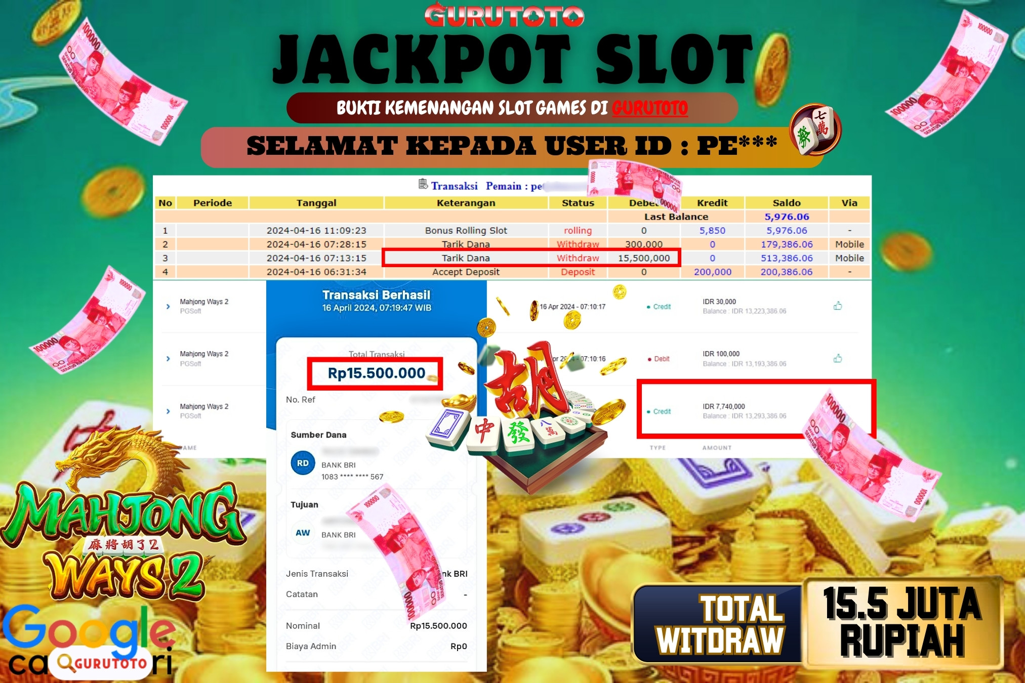 Jackpot Slot MAHJONG WAYS 2. di Gurutoto sebesar Rp.15.500.000 dibayar lunas.