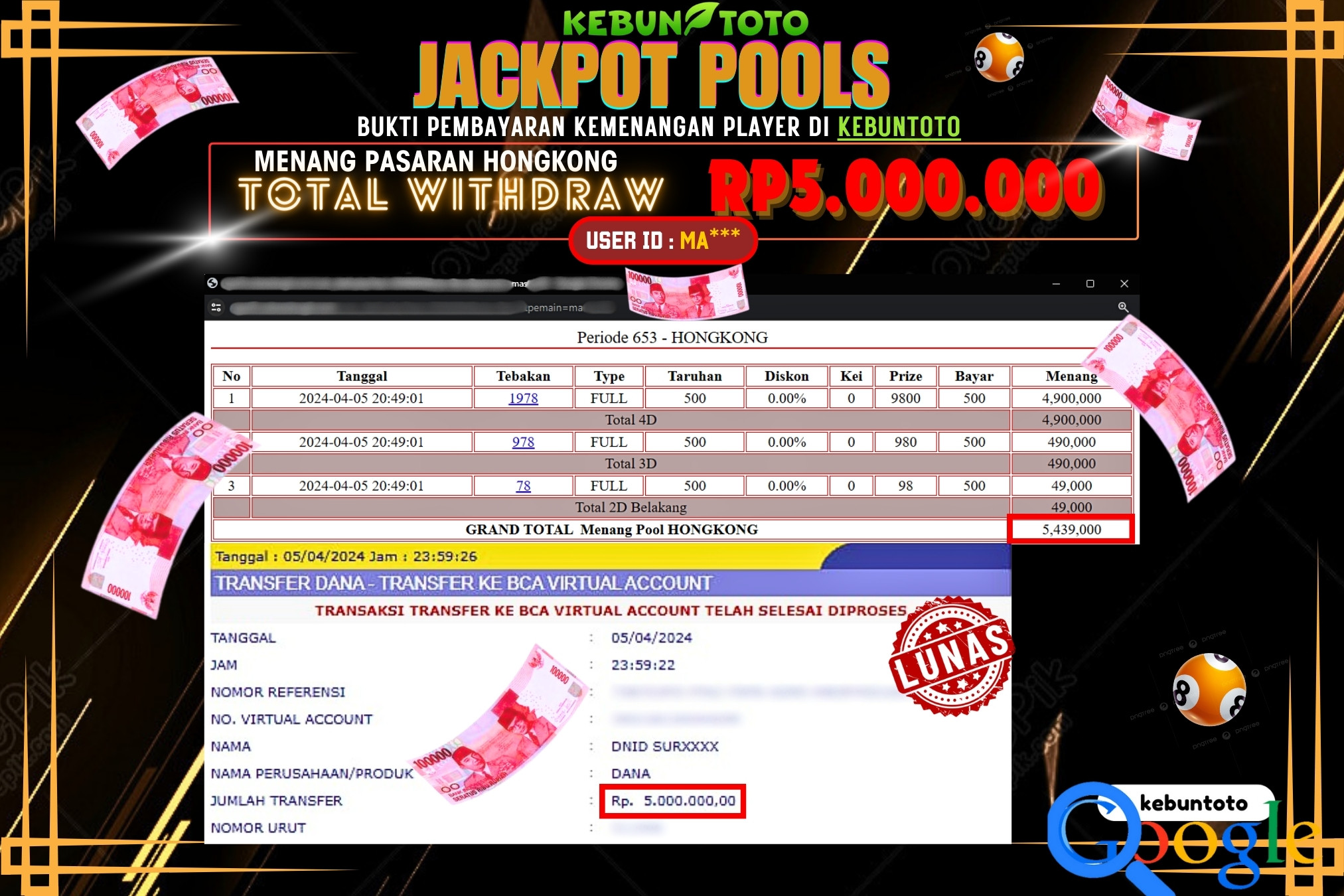 KEBUNTOTO JACKPOT TOGEL PASARAN HONGKONG Rp.5.000.000,- LUNAS