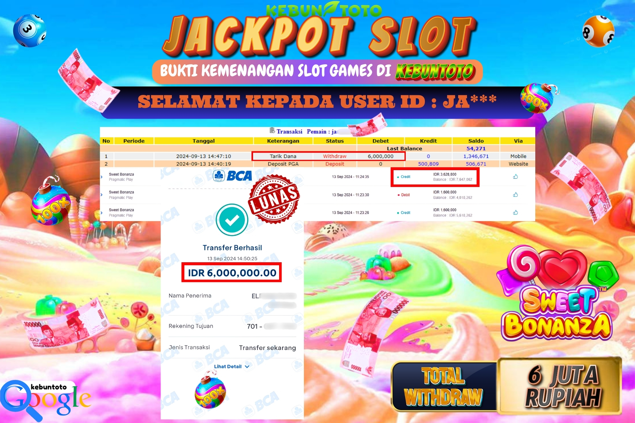 KEBUNTOTO JACKPOT SLOT SWEET BONANZA Rp.6.000.000,- LUNAS
