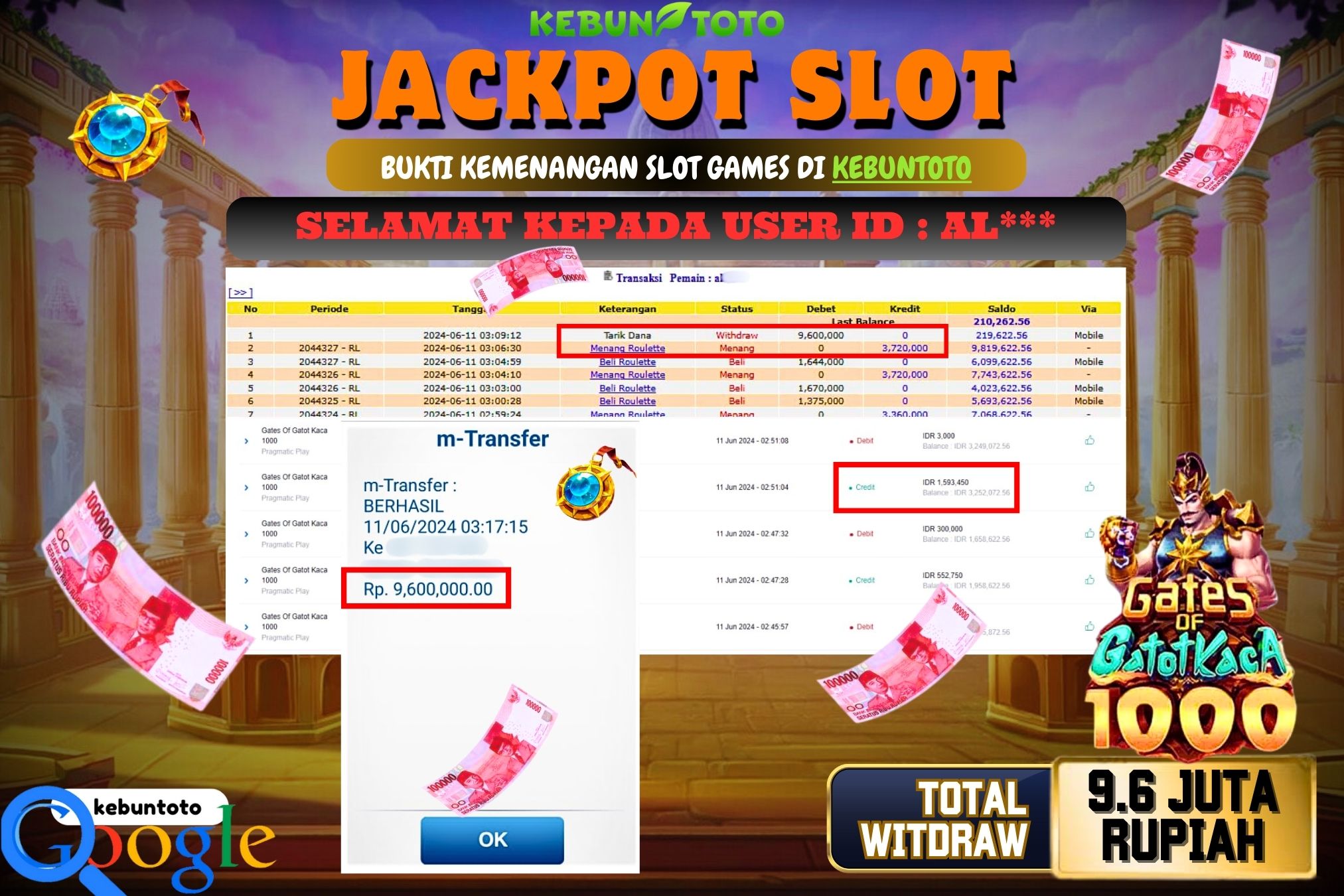 KEBUNTOTO JACKPOT SLOT GATES OF GATOT KACA 1000 Rp.9.600.000,- LUNAS