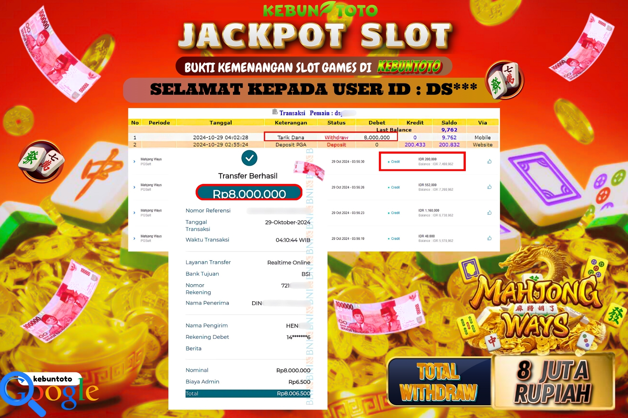 KEBUNTOTO JACKPOT SLOT MAHJONG WAYS Rp.8.000.000,- LUNAS