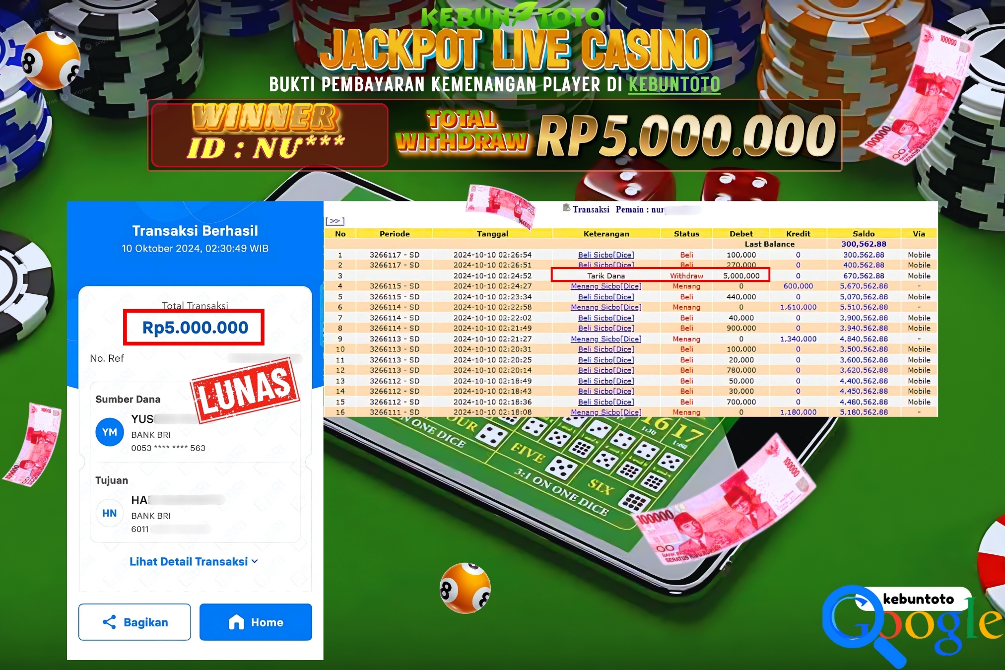 KEBUNTOTO JACKPOT LIVE CASINO SICBO Rp.5.000.000,- LUNAS