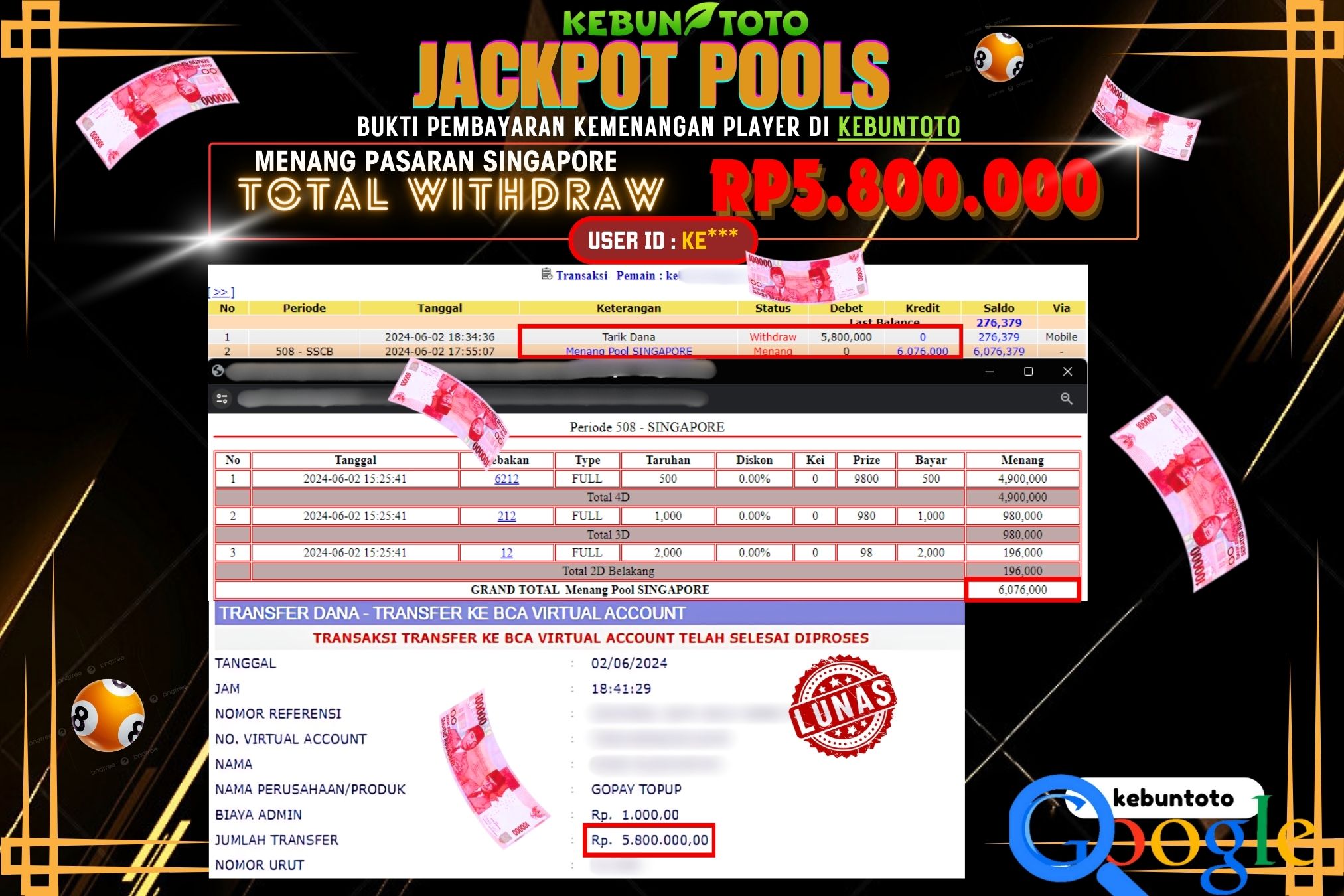 KEBUNTOTO JACKPOT TOGEL PASARAN SINGAPORE Rp.5.800.000,- LUNAS