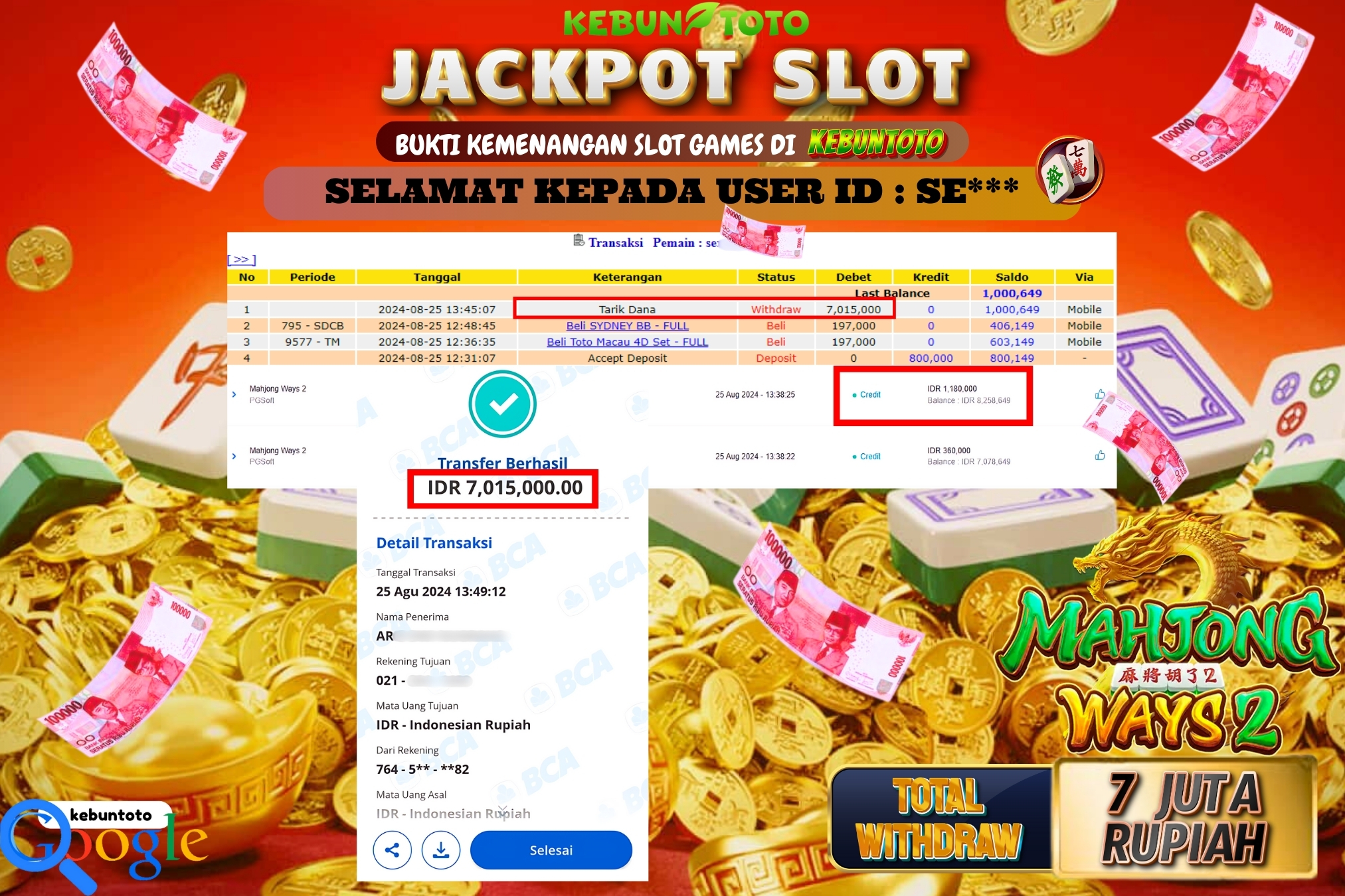 KEBUNTOTO JACKPOT SLOT MAHJONG WAYS 2 Rp.7.015.000,- LUNAS
