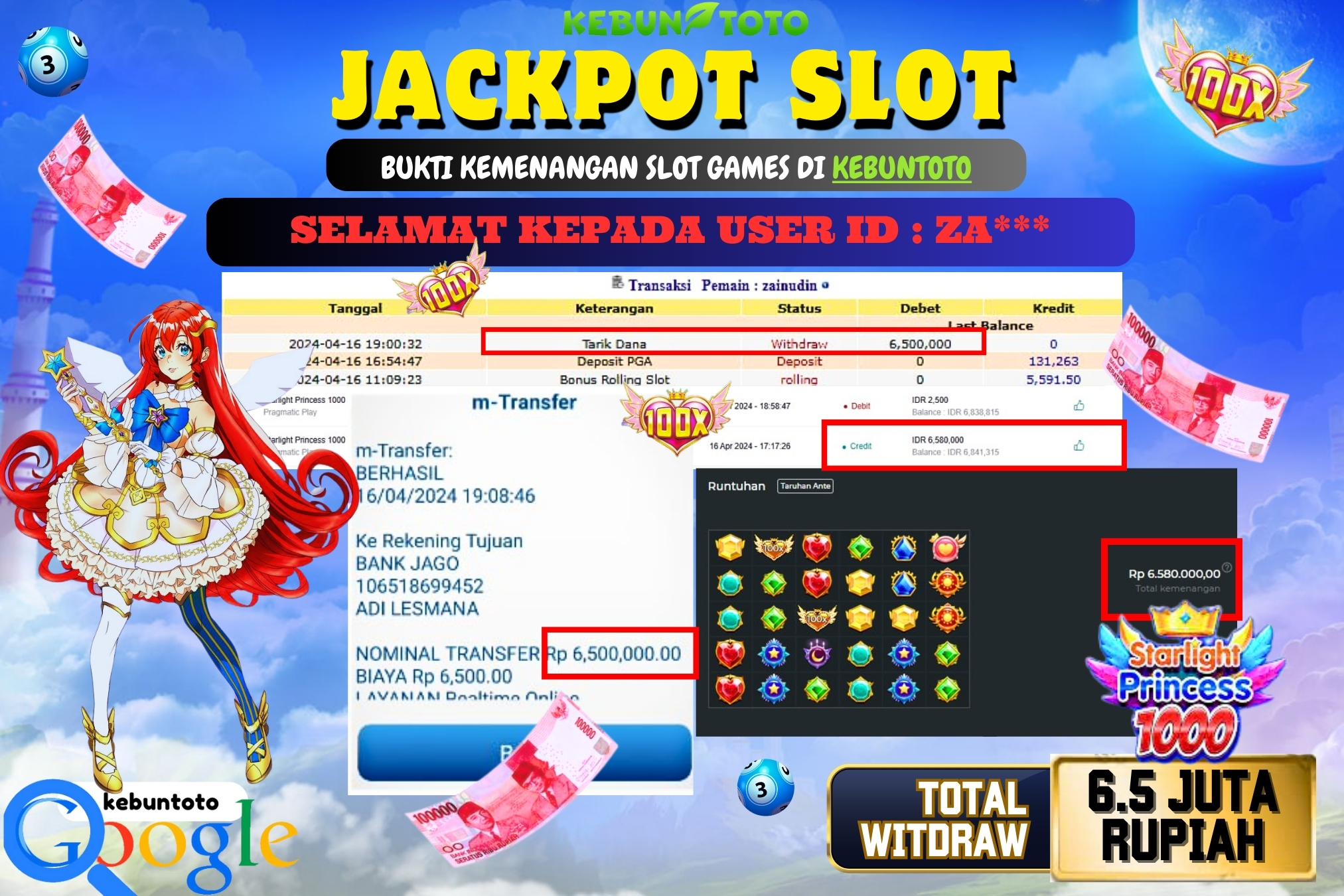 KEBUNTOTO JACKPOT SLOT STARLIGHT PRINCESS 1000 Rp.6.500.000,- LUNAS
