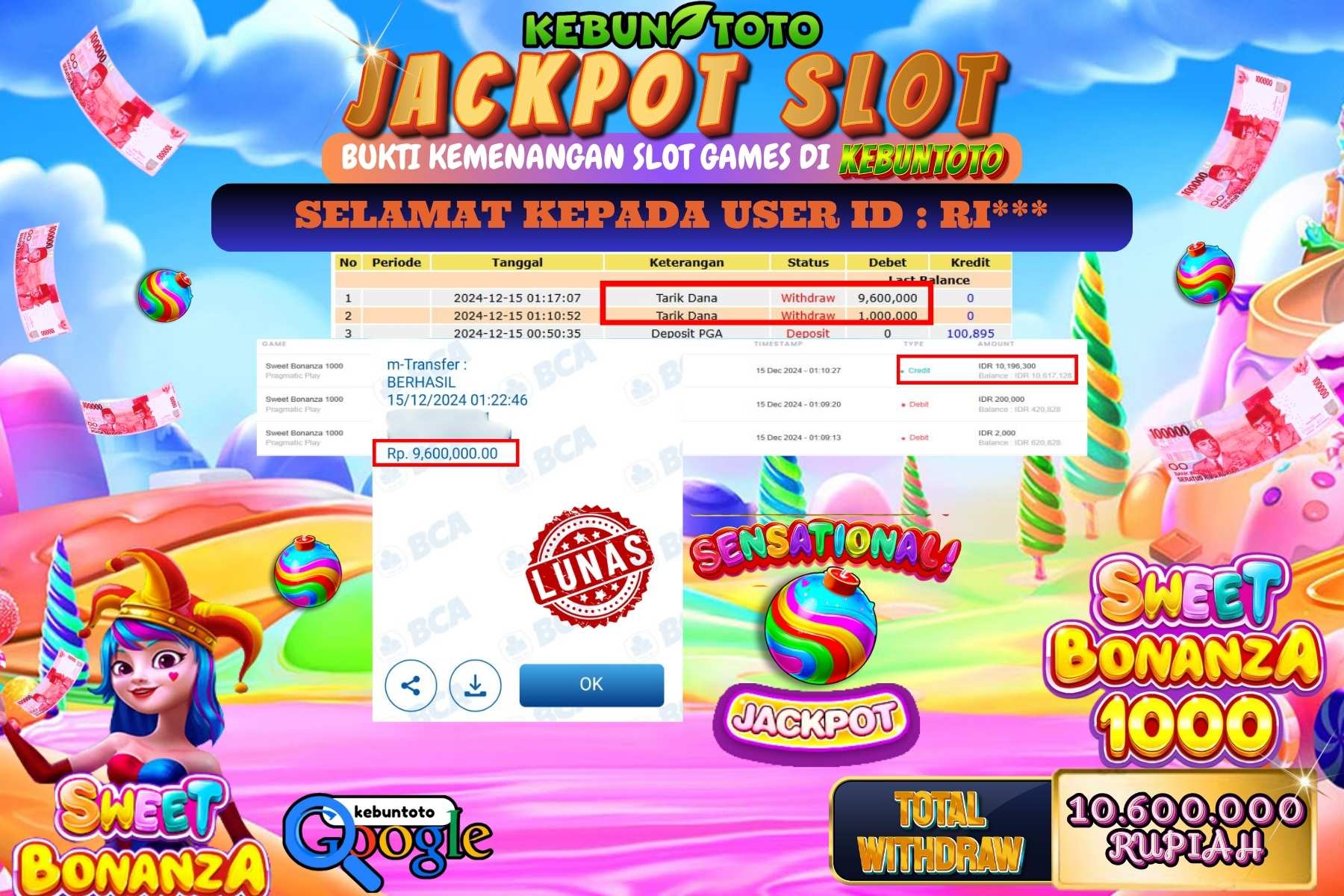 KEBUNTOTO JACKPOT SLOT SWEET BONANZA 1000 , Sebesar Rp.10.600.000,- LUNAS