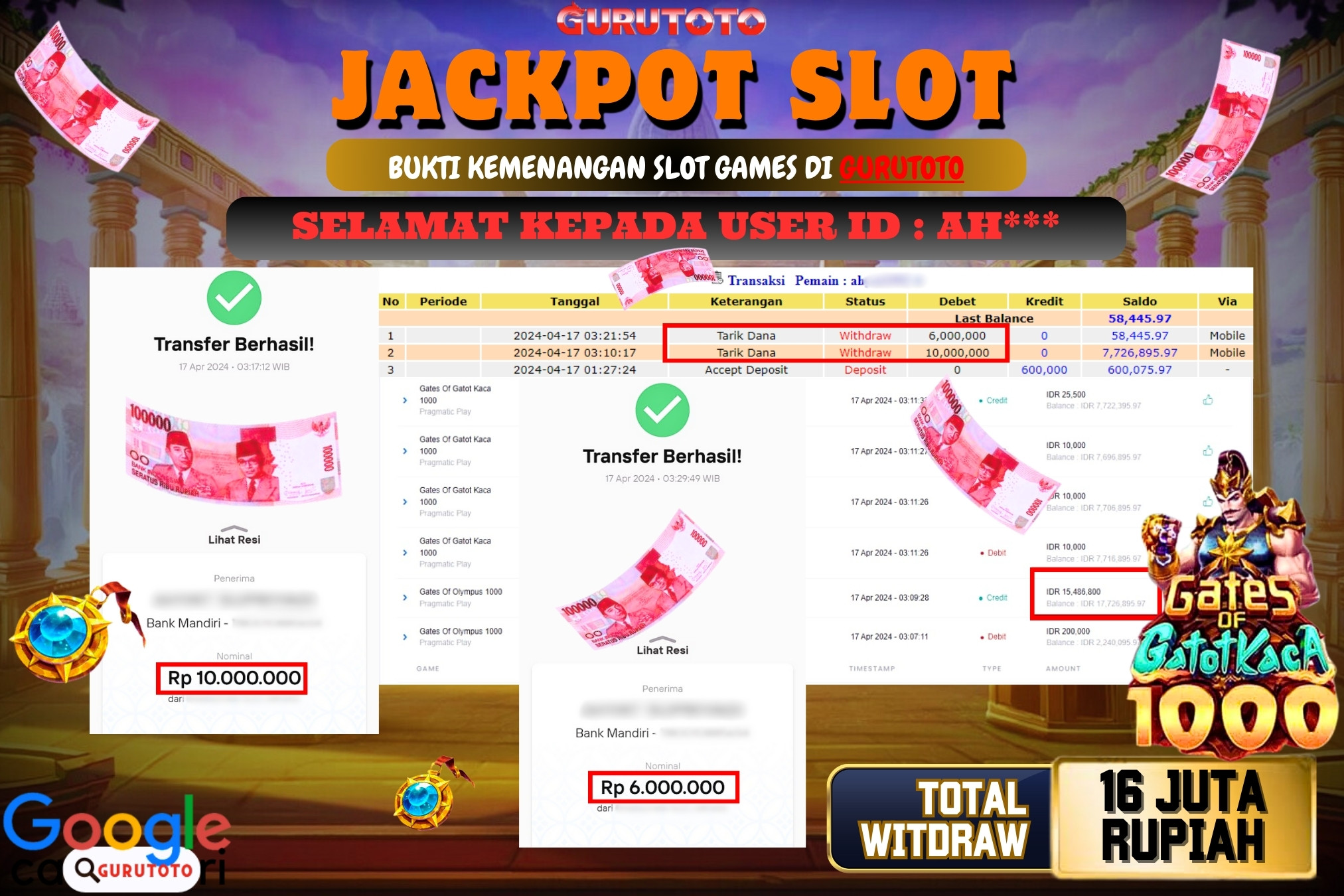 Jackpot Slot GATES OF GATOTKACA 1000 di Gurutoto sebesar Rp.16.000.000 dibayar lunas.
