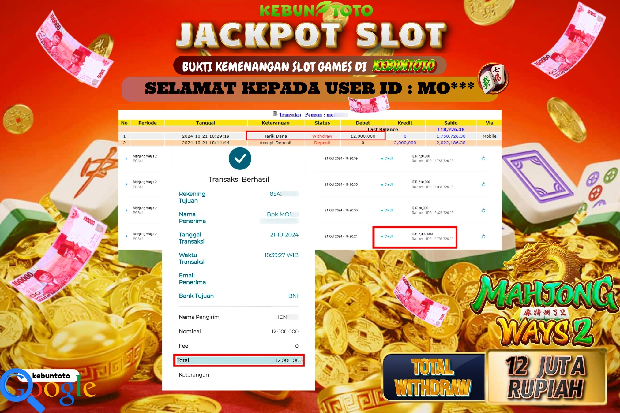 KEBUNTOTO JACKPOT SLOT MAHJONG WAYS 2 Rp.12.000.000,- LUNAS