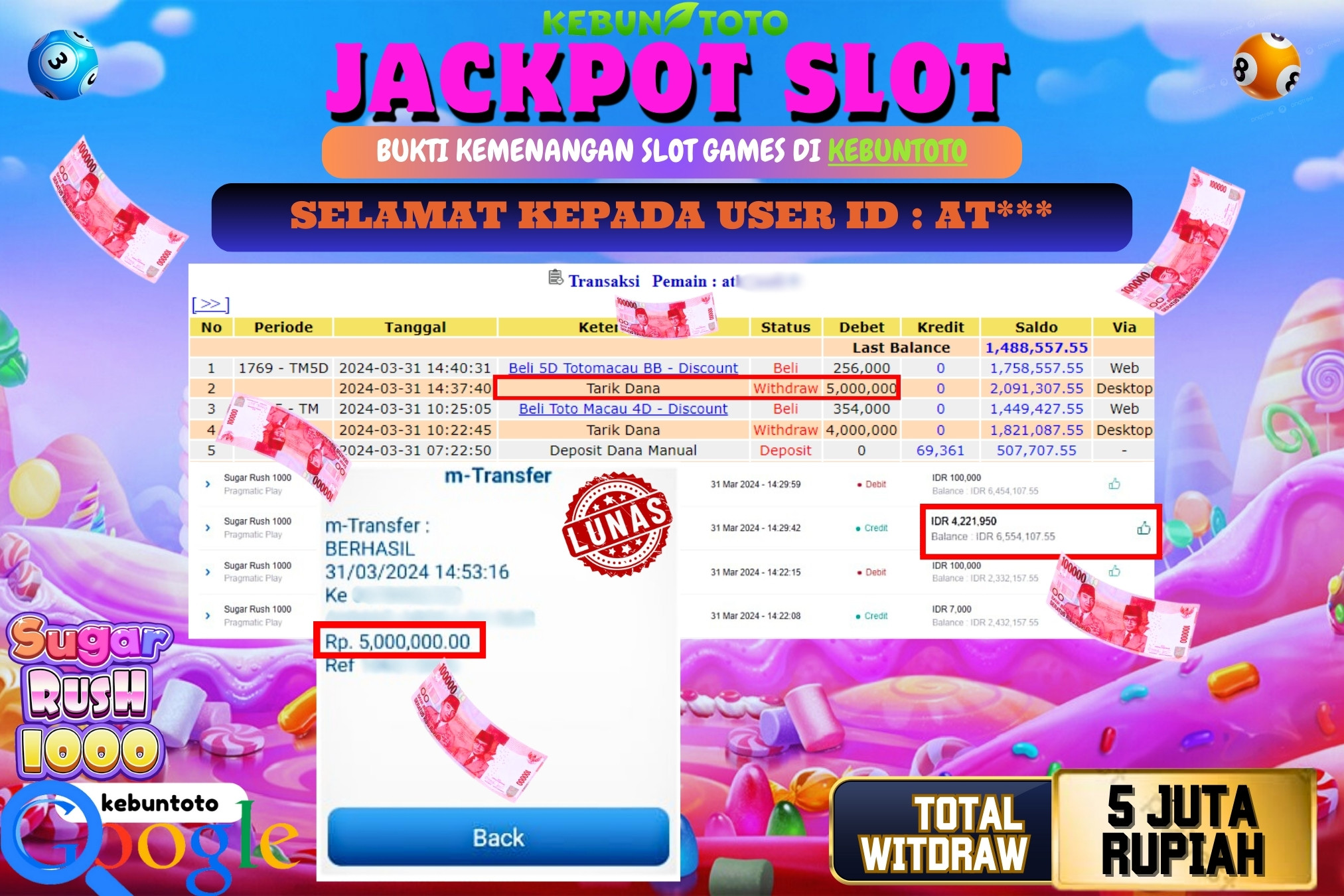 KEBUNTOTO JACKPOT SLOT SUGAR RUSH 1000 Rp.5.000.000,- LUNAS