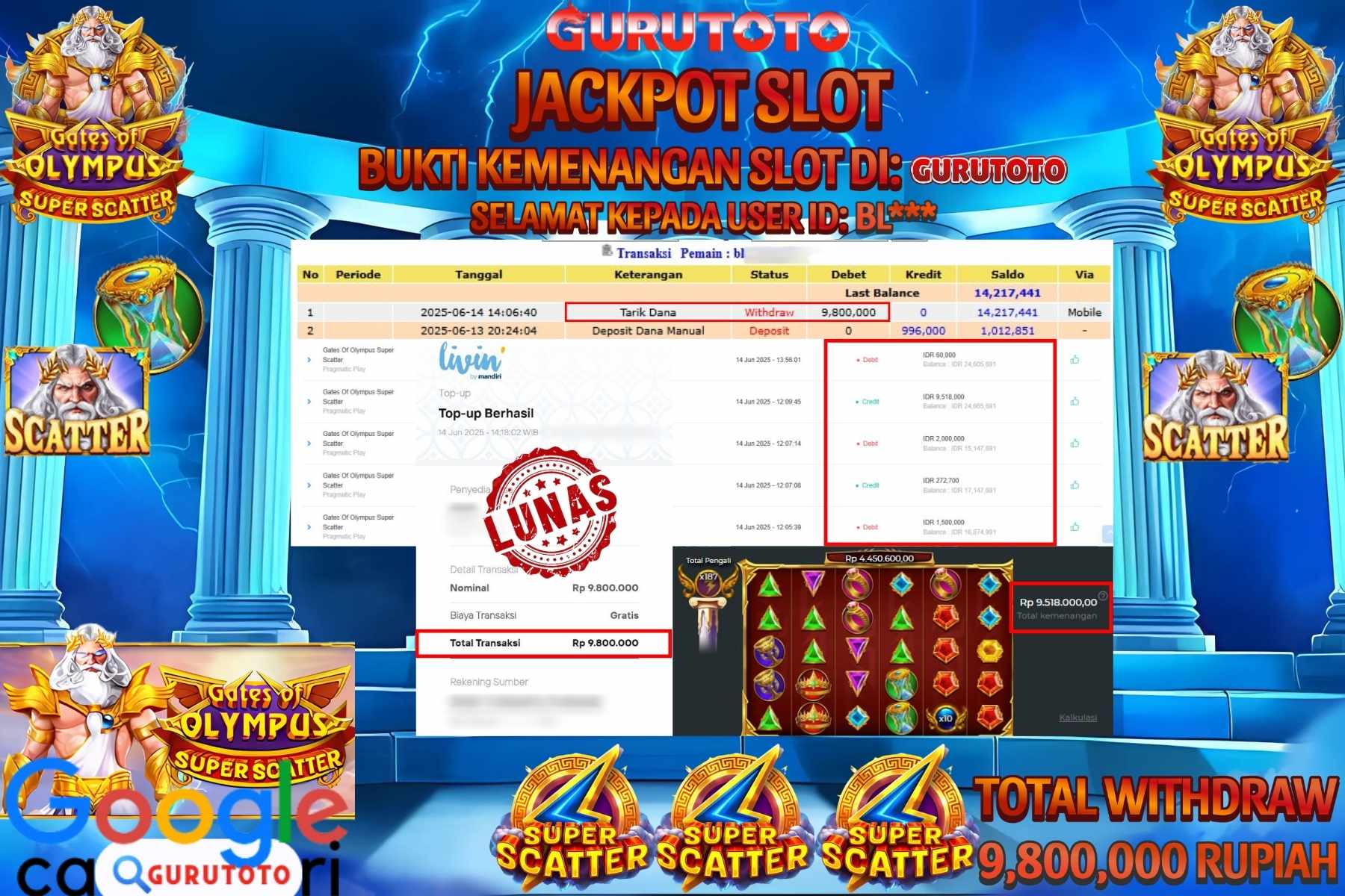 GURUTOTO JACKPOT, SLOT GATES OF OLYMPUS SUPER SCATTER, Sebesar Rp 9.800.000,- LUNAS