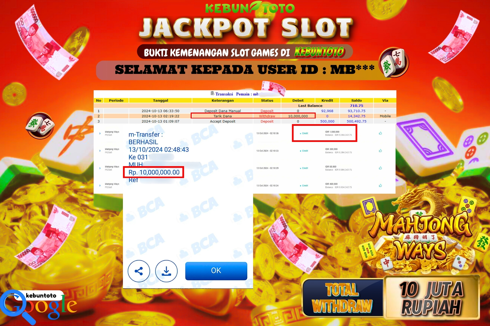 KEBUNTOTO JACKPOT SLOT MAHJONG WAYS Rp.10.000.000,- LUNAS