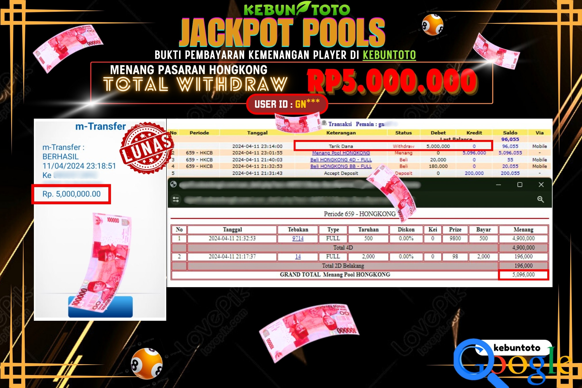KEBUNTOTO JACKPOT TOGEL PASARAN HONGKONG Rp.5.000.000,- LUNAS