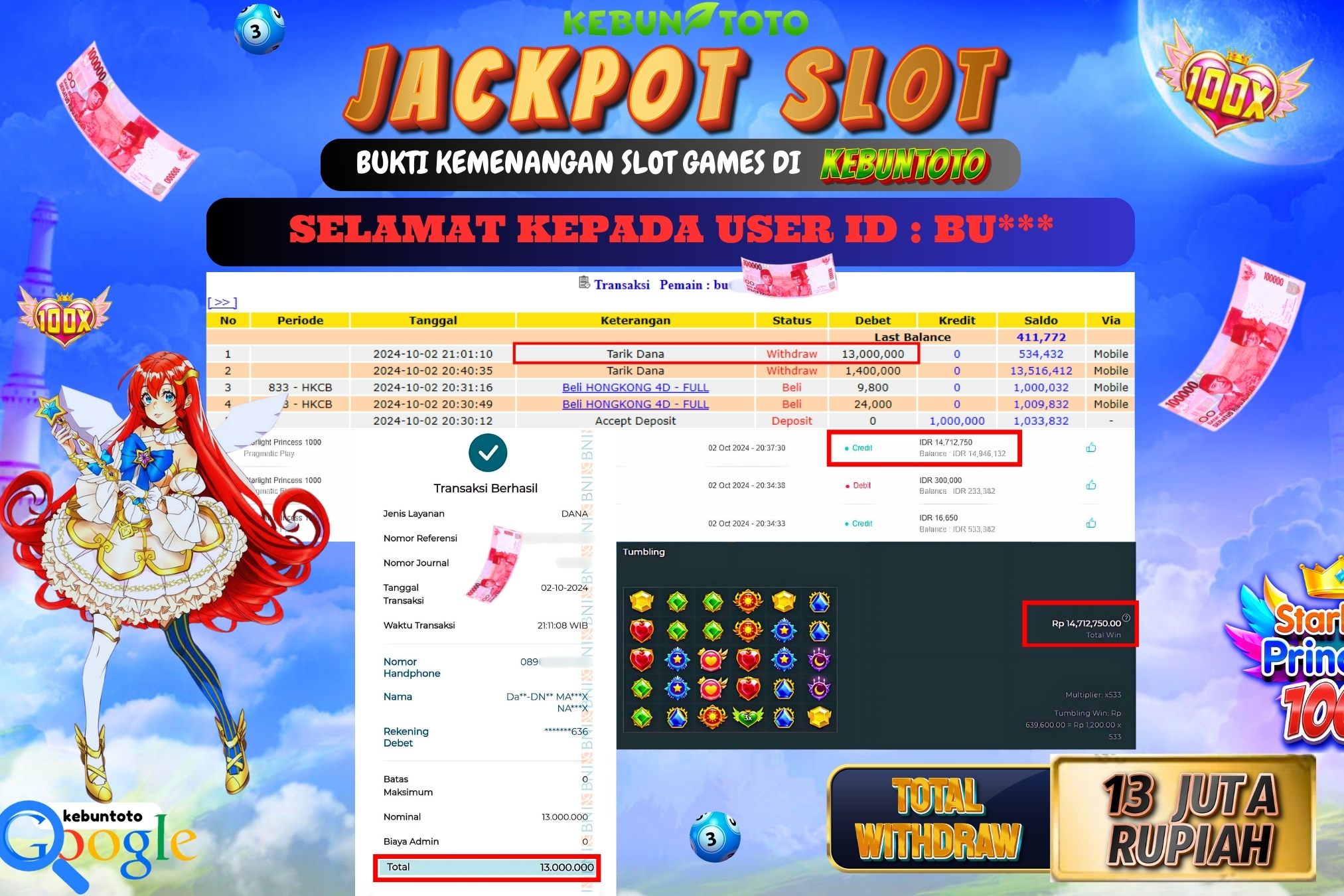 KEBUNTOTO JACKPOT SLOT STARLIGHT PRINCESS 1000 Rp.13.000.000,- LUNAS
