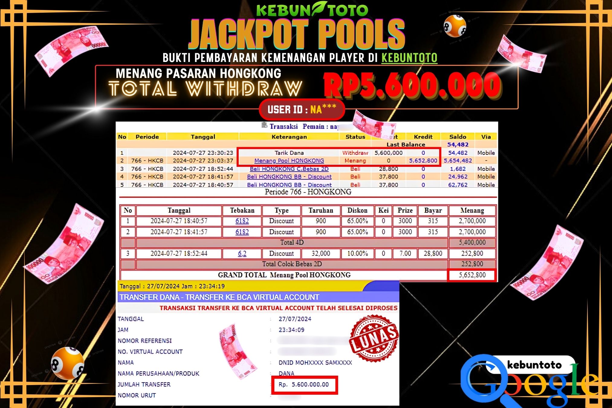 KEBUNTOTO JACKPOT TOGEL PASARAN HONGKONG Rp.5.600.000,- LUNAS