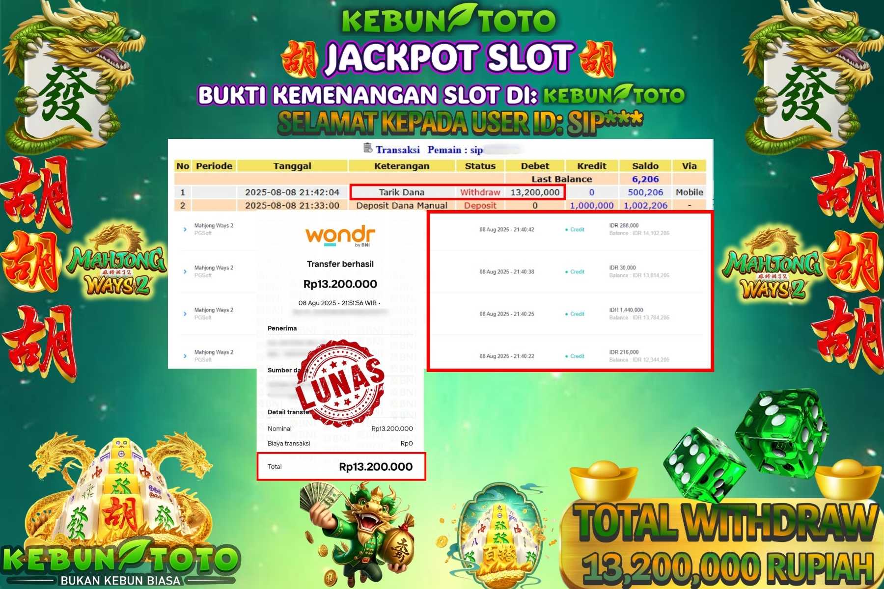 Bukti Kemenangan Rp 13.200.000 SLOT MAHJONG WAYS 2 di KEBUNTOTO!