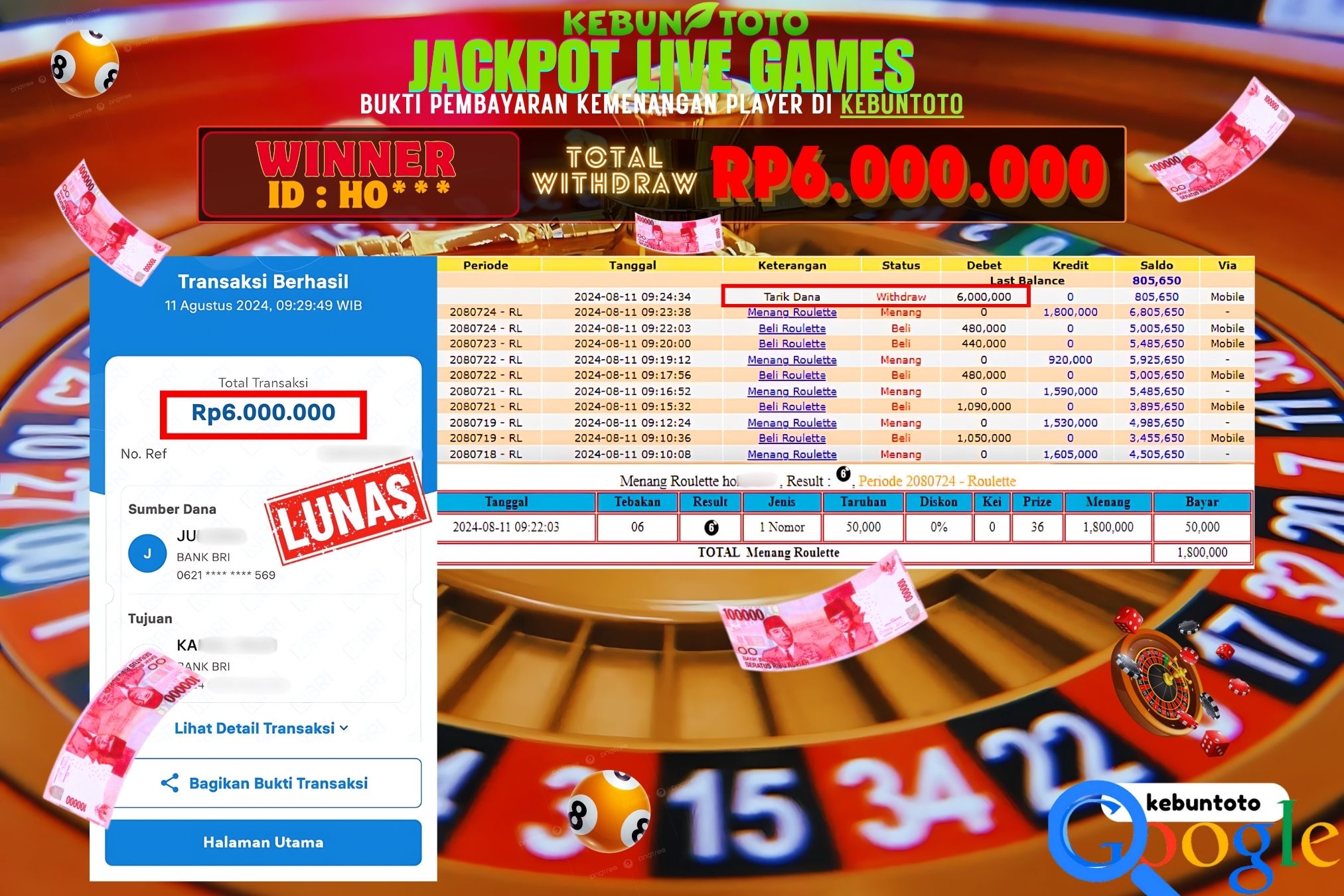 KEBUNTOTO JACKPOT LIVE GAMES ROULETTE Rp.6.000.000,- LUNAS
