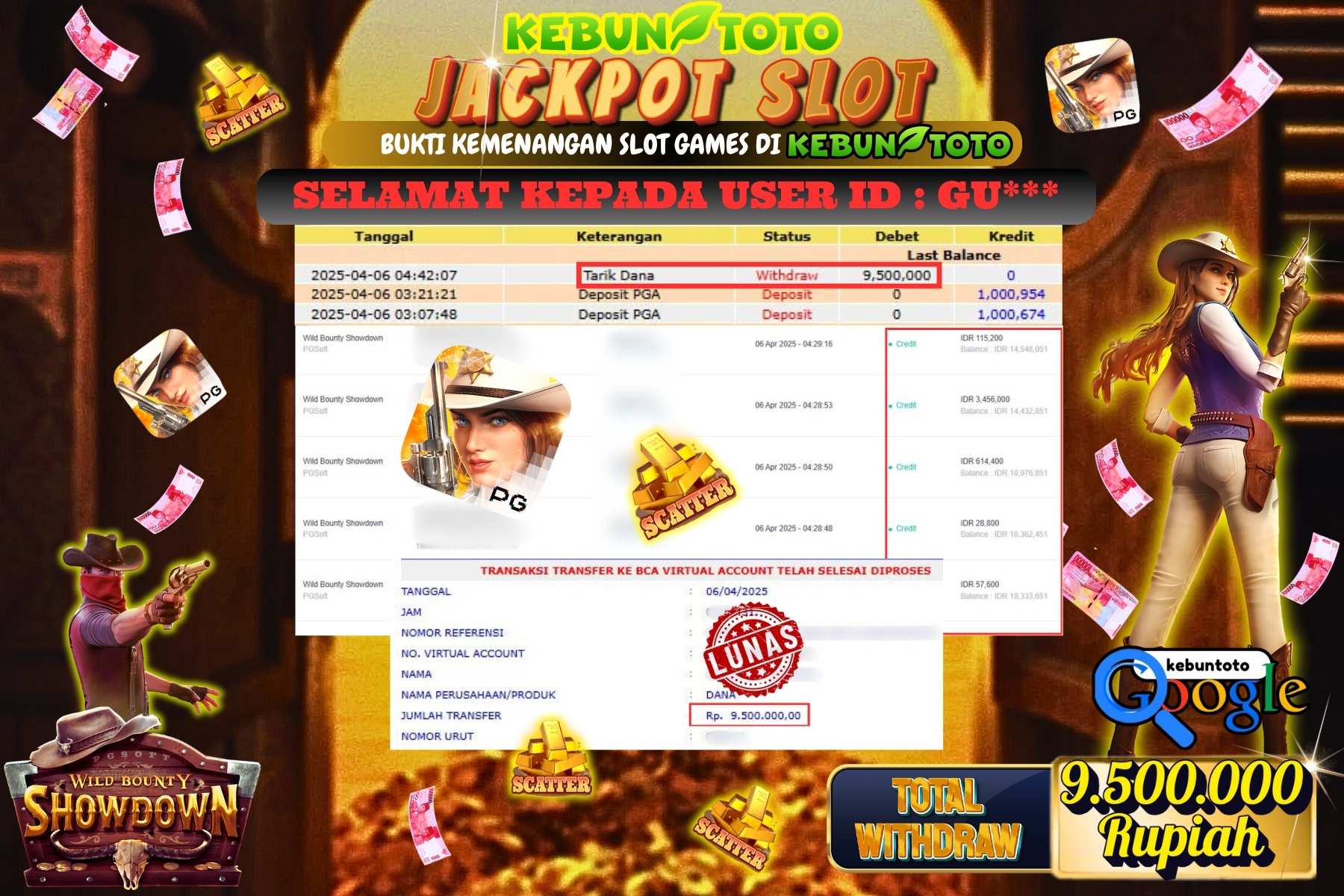 KEBUNTOTO JACKPOT, SLOT WILD BOUNTY SHOWDOWN Rp 9.500.000,- LUNAS