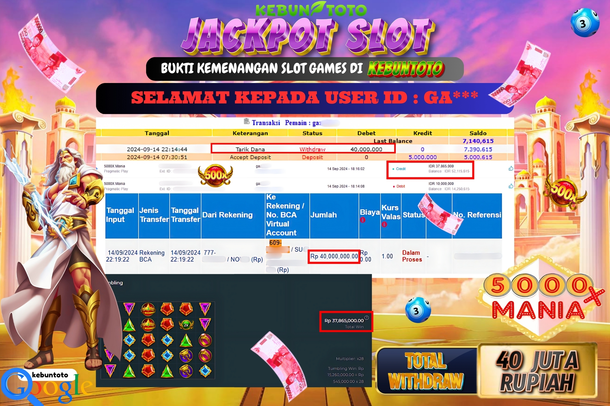 KEBUNTOTO JACKPOT SLOT 5000x MANIA Rp.40.000.000,- LUNAS