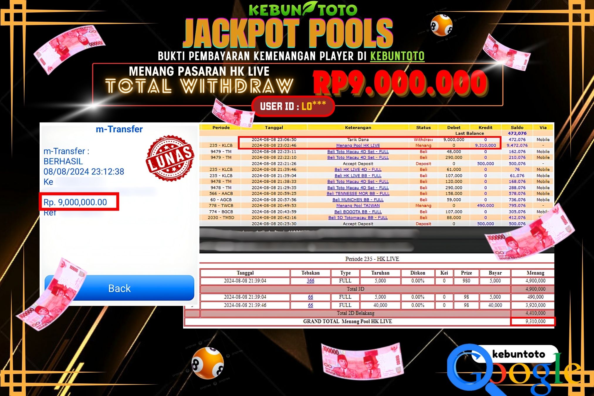 KEBUNTOTO JACKPOT TOGEL PASARAN HK LIVE Rp.9.000.000,- LUNAS