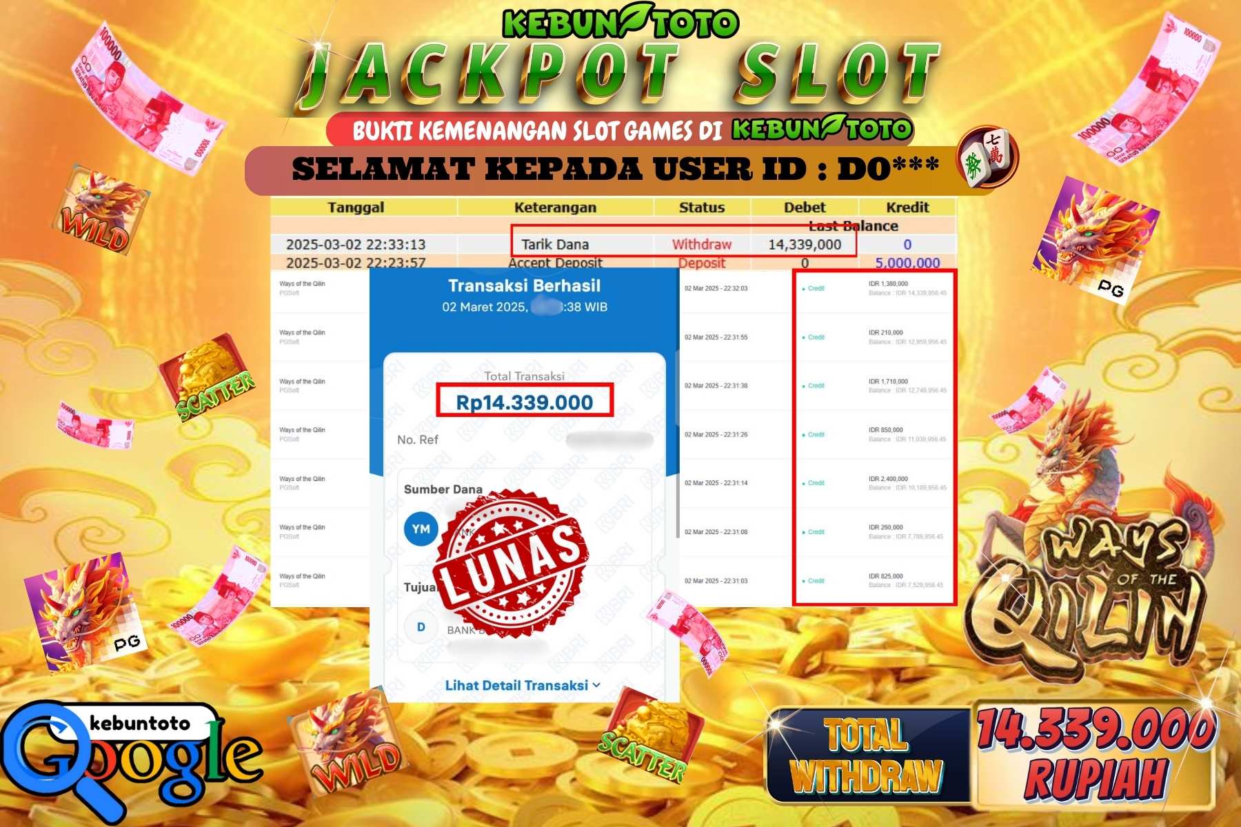 KEBUNTOTO JACKPOT, SLOT WAYS OF THE QILIN Sebesar Rp 14.339.000,- LUNAS