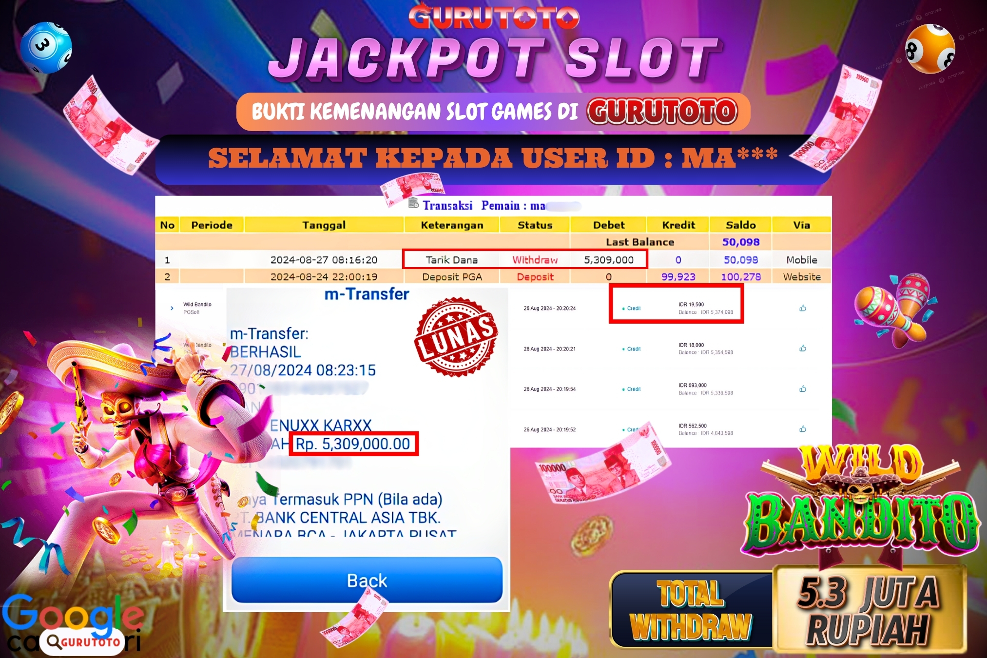 Jackpot Slot Wild Bandito di Gurutoto sebesar Rp.5.300.000 dibayar lunas.