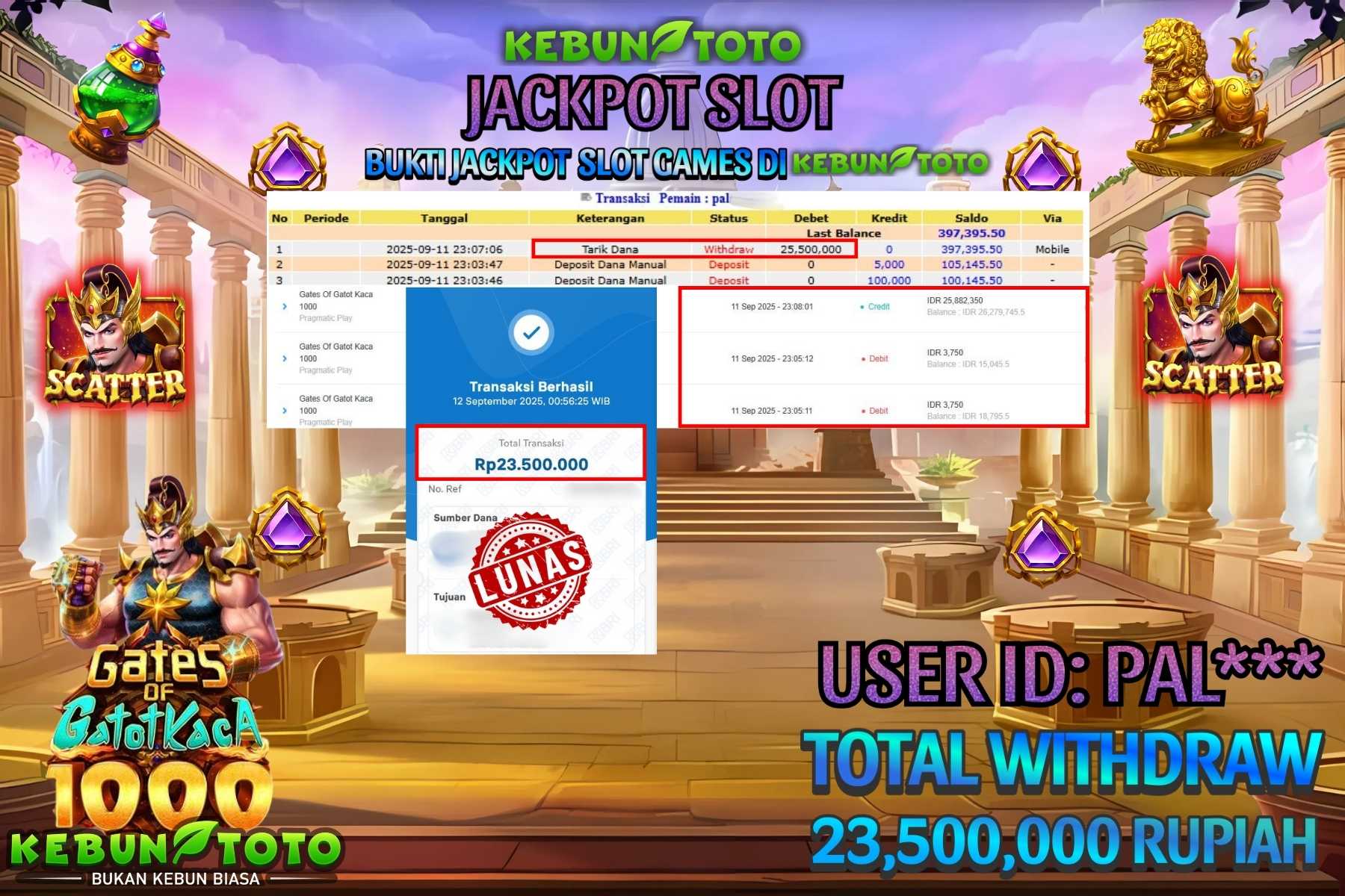 Bukti Kemenangan Rp 23.500.000 SLOT GATES OF GATOT KACA 1000 di KEBUNTOTO!