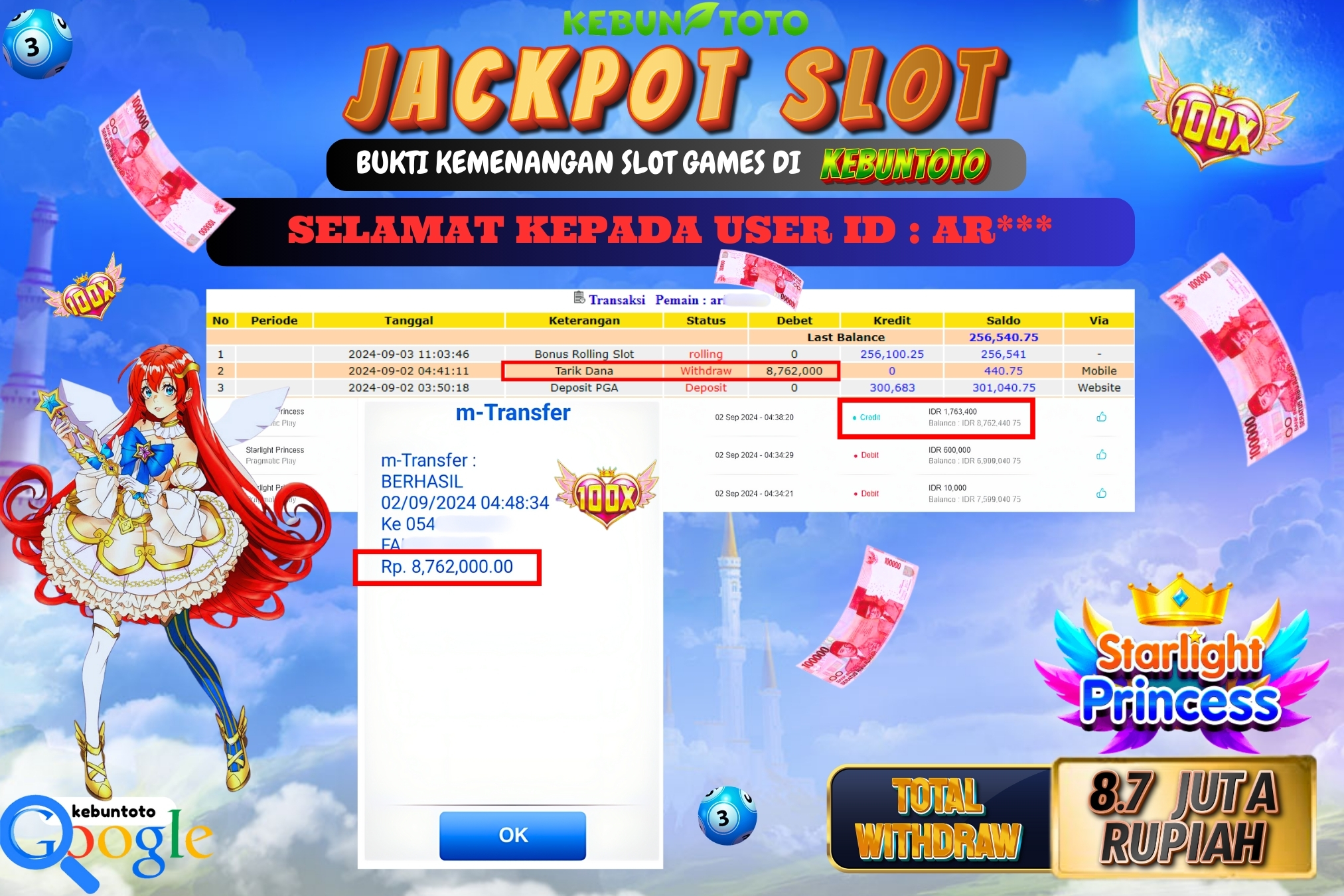 KEBUNTOTO JACKPOT SLOT STARLIGHT PRINCESS Rp.8.762.000,- LUNAS