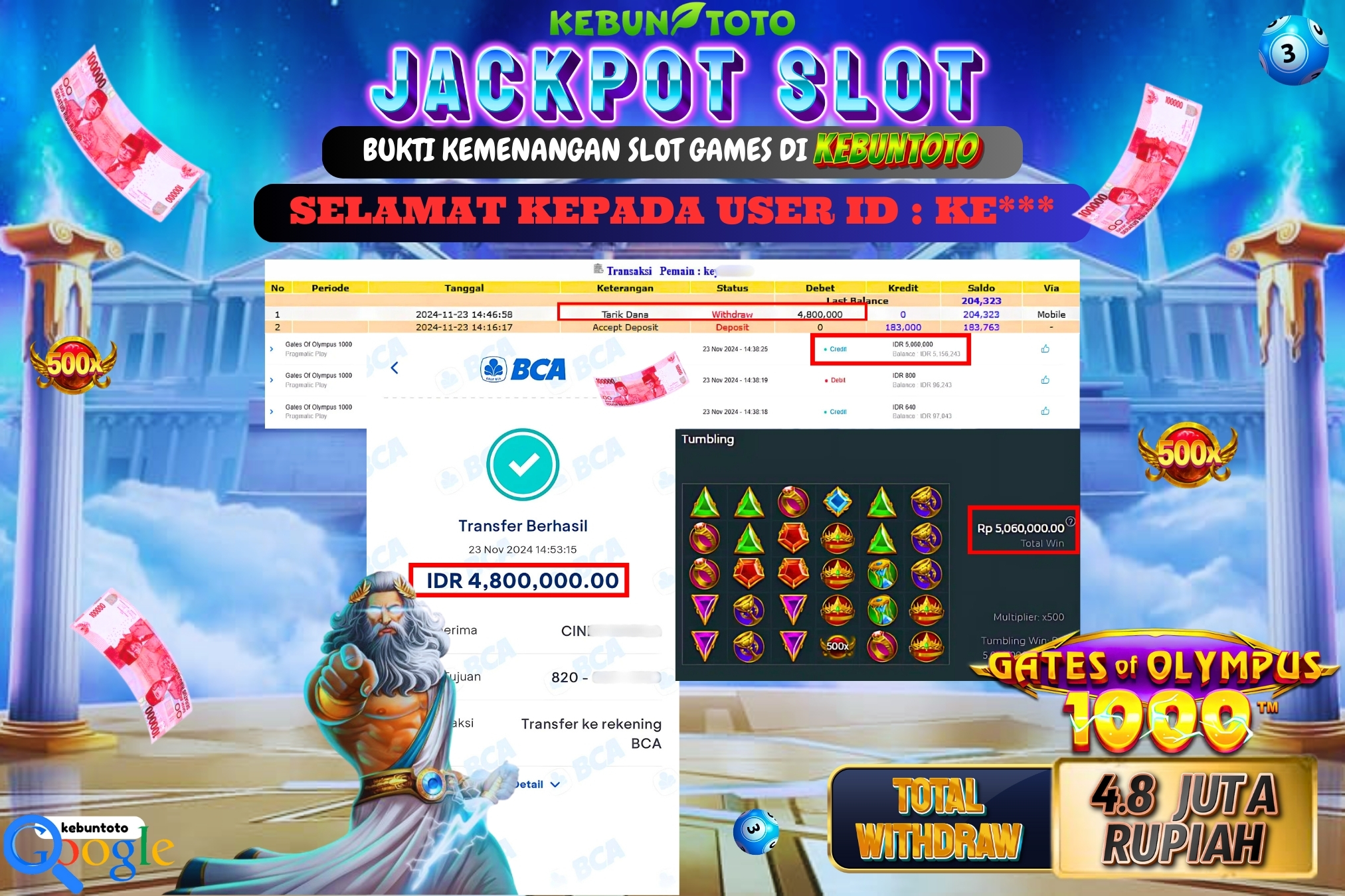 KEBUNTOTO JACKPOT SLOT GATES OF OLYMPUS 1000 Rp.4.800.000,- LUNAS