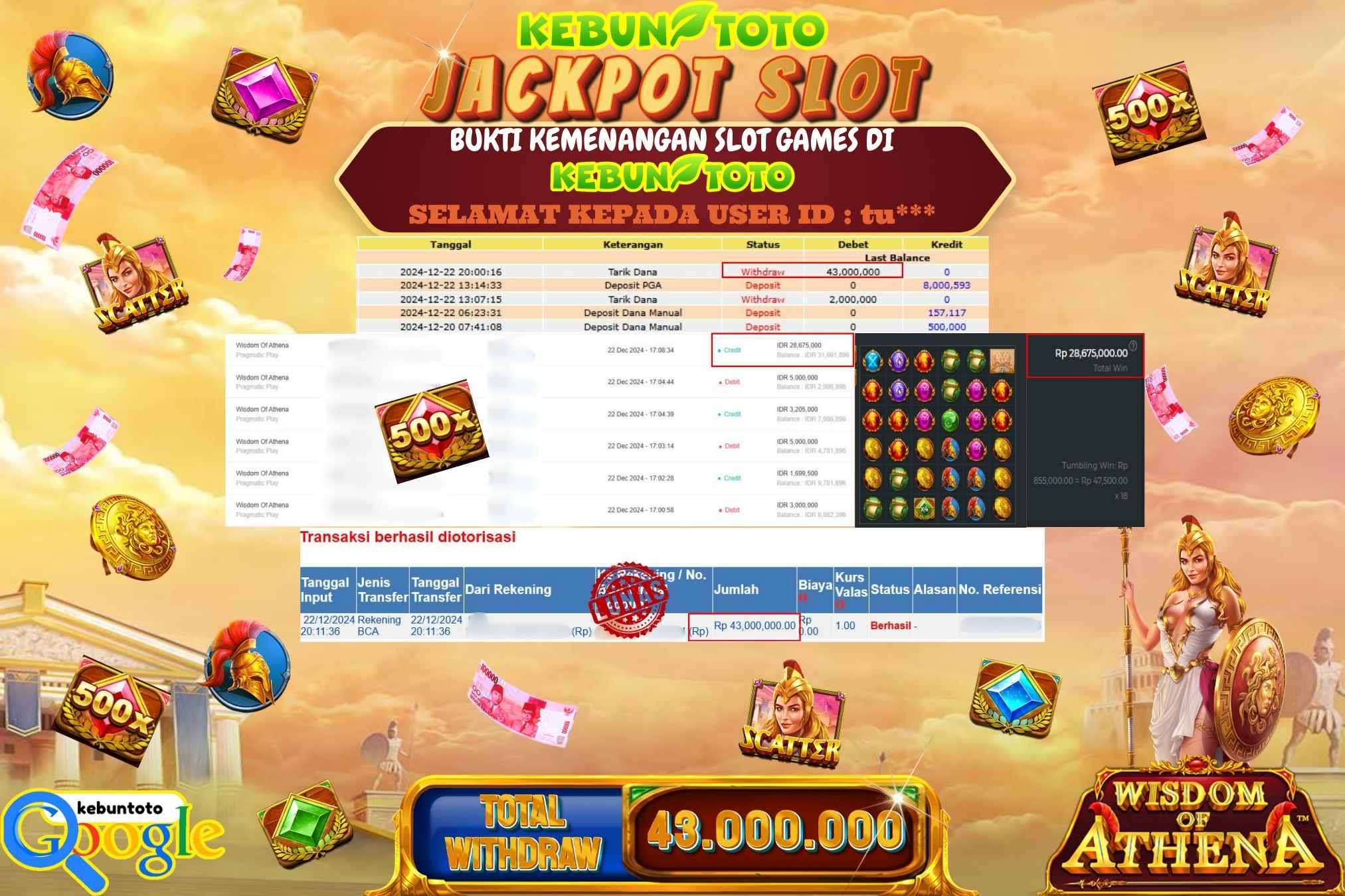 KEBUNTOTO JACKPOT SLOT WISDOM OF ATHENA, Sebesar Rp.43.000.000,- LUNAS