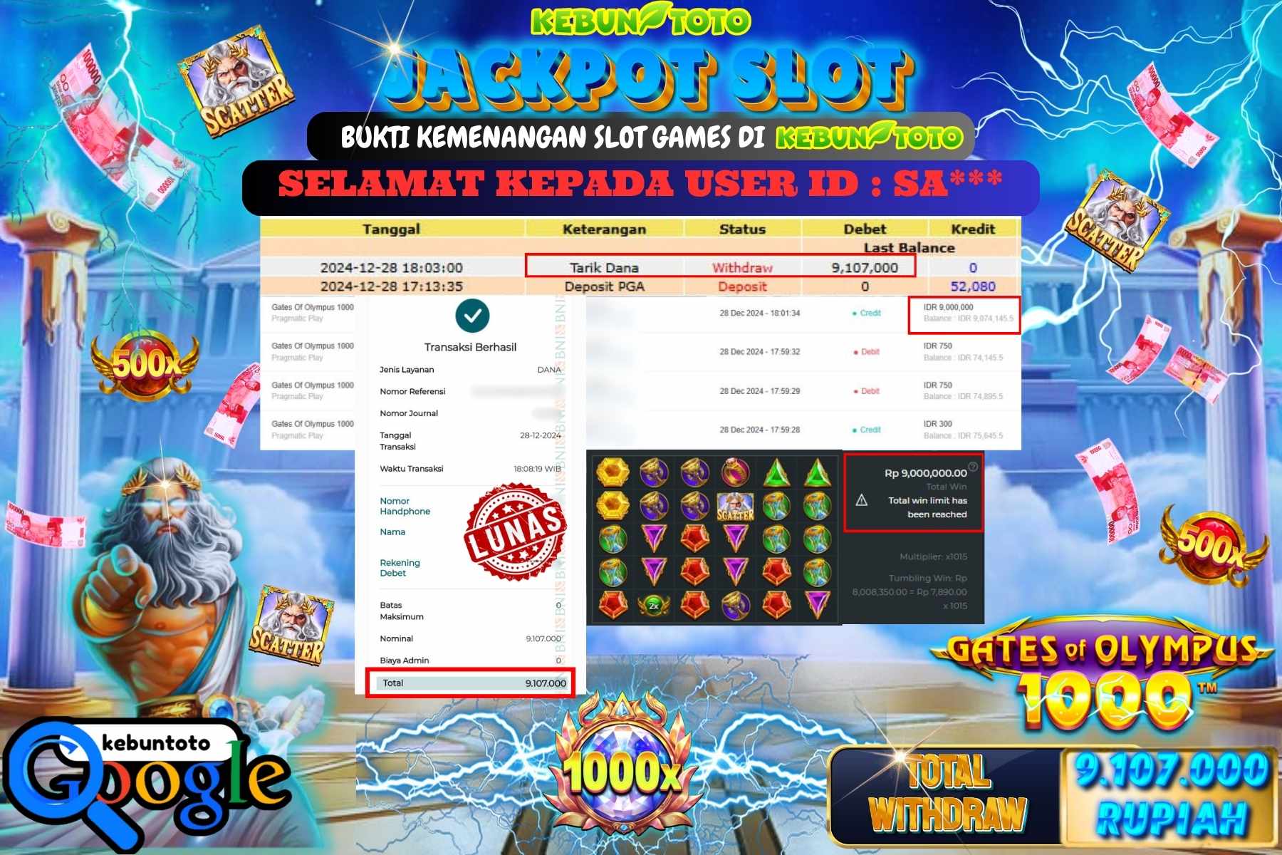 KEBUNTOTO JACKPOT SLOT GATES OF OLYMPUS 1000 , Sebesar Rp.9.107.000,- LUNAS