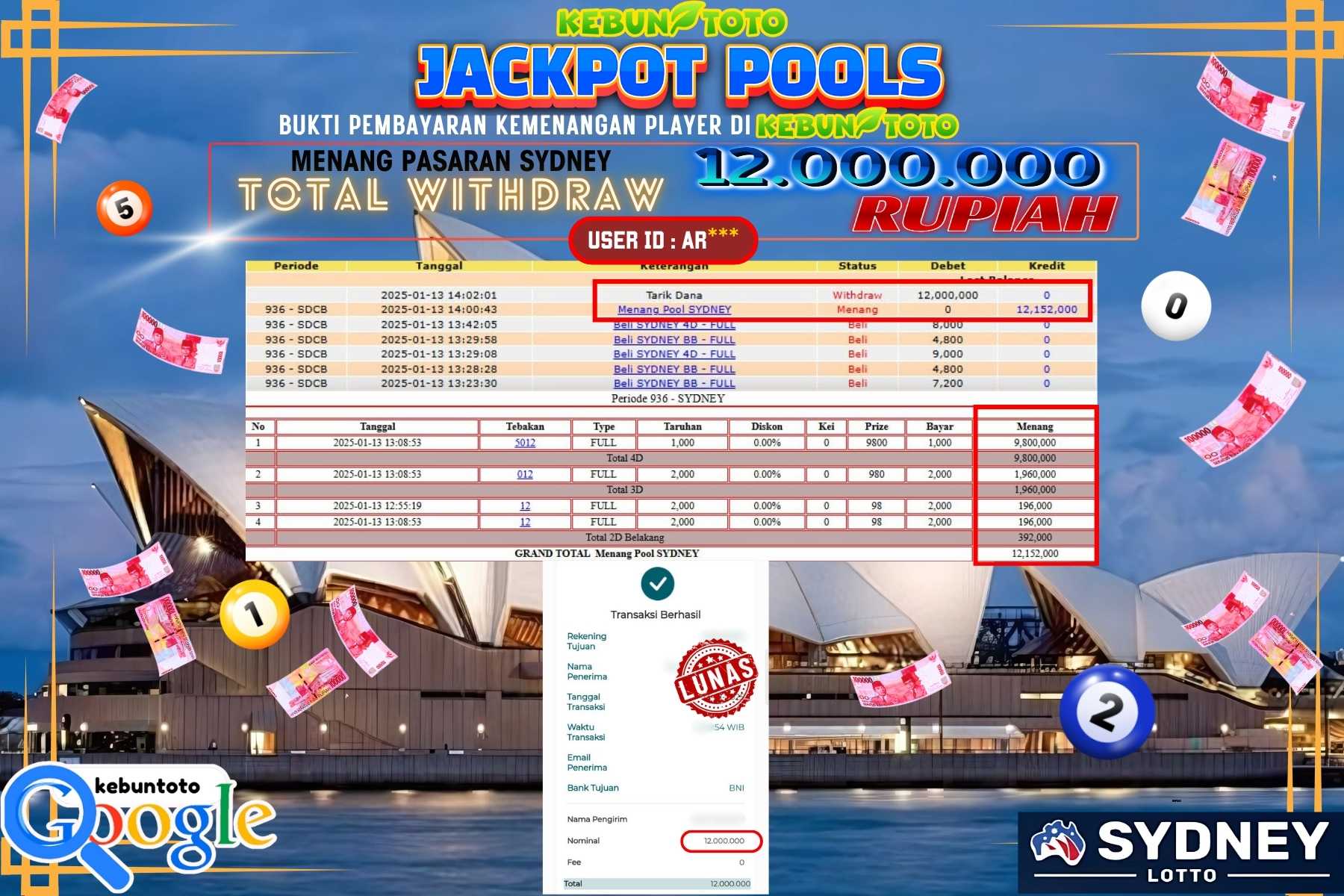 KEBUNTOTO JACKPOT TOTO SYDNEY POOLS , Sebesar Rp.12.000.000,- LUNAS
