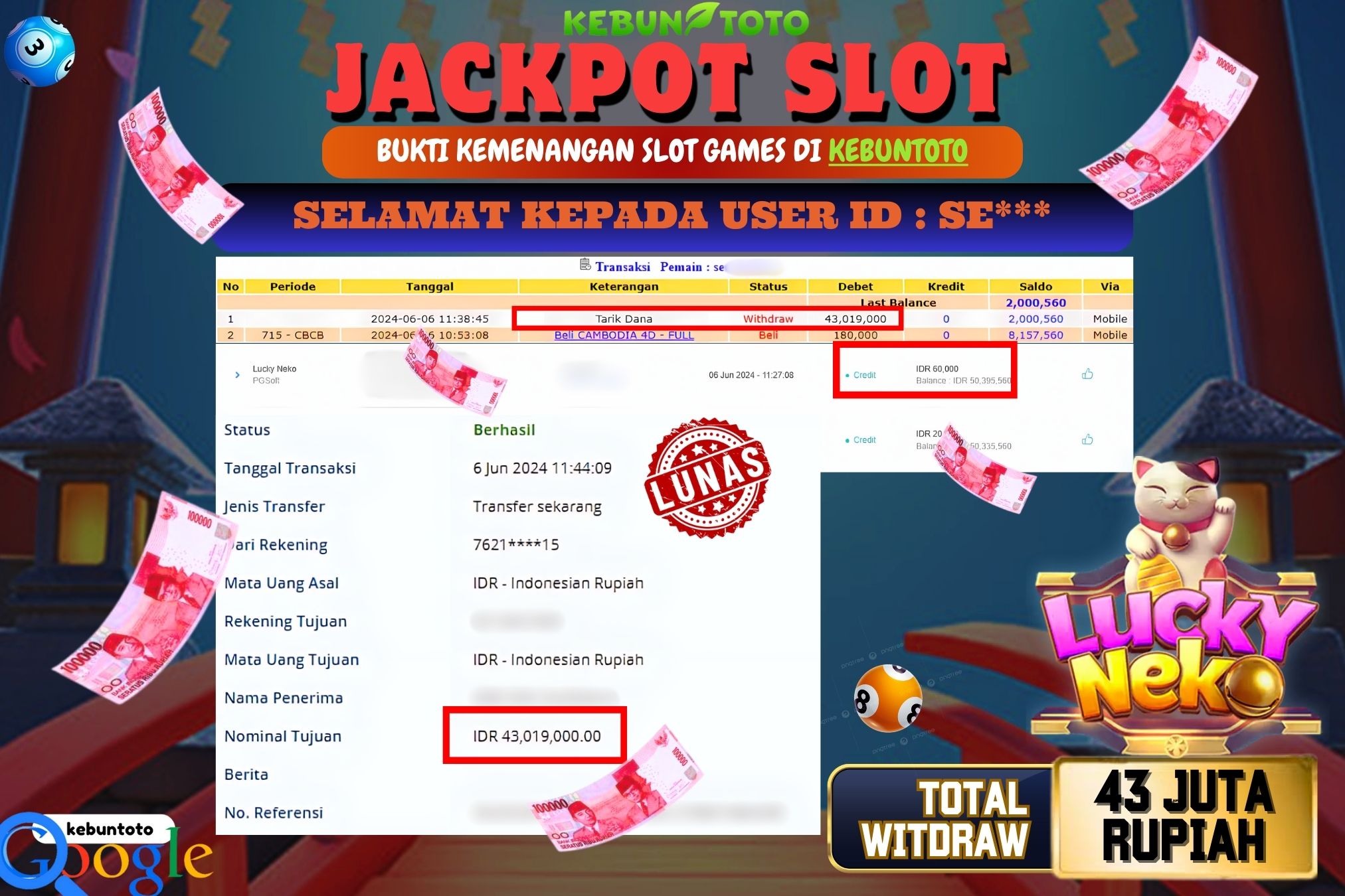 KEBUNTOTO JACKPOT SLOT LUCKY NEKO Rp.43.019.000,- LUNAS