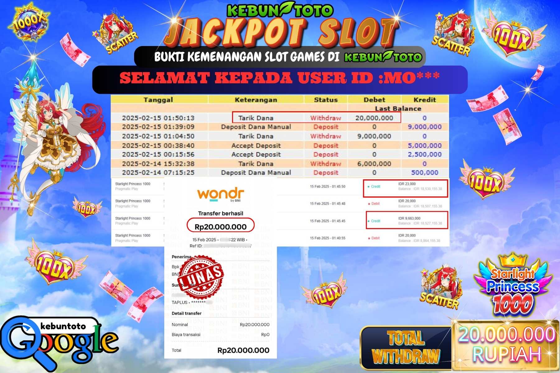 KEBUNTOTO JACKPOT,  SLOT STARLIGHT PRINCESS 1000 , Sebesar Rp 20.000.000,- LUNAS