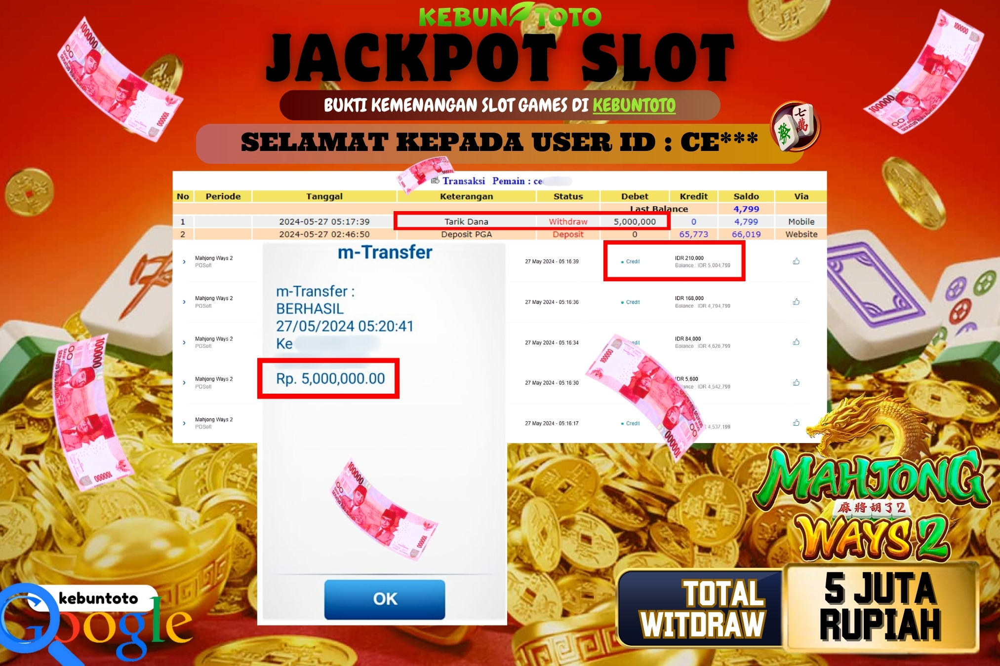 KEBUNTOTO JACKPOT SLOT MAHJONG WAYS 2 Rp.5.000.000,- LUNAS