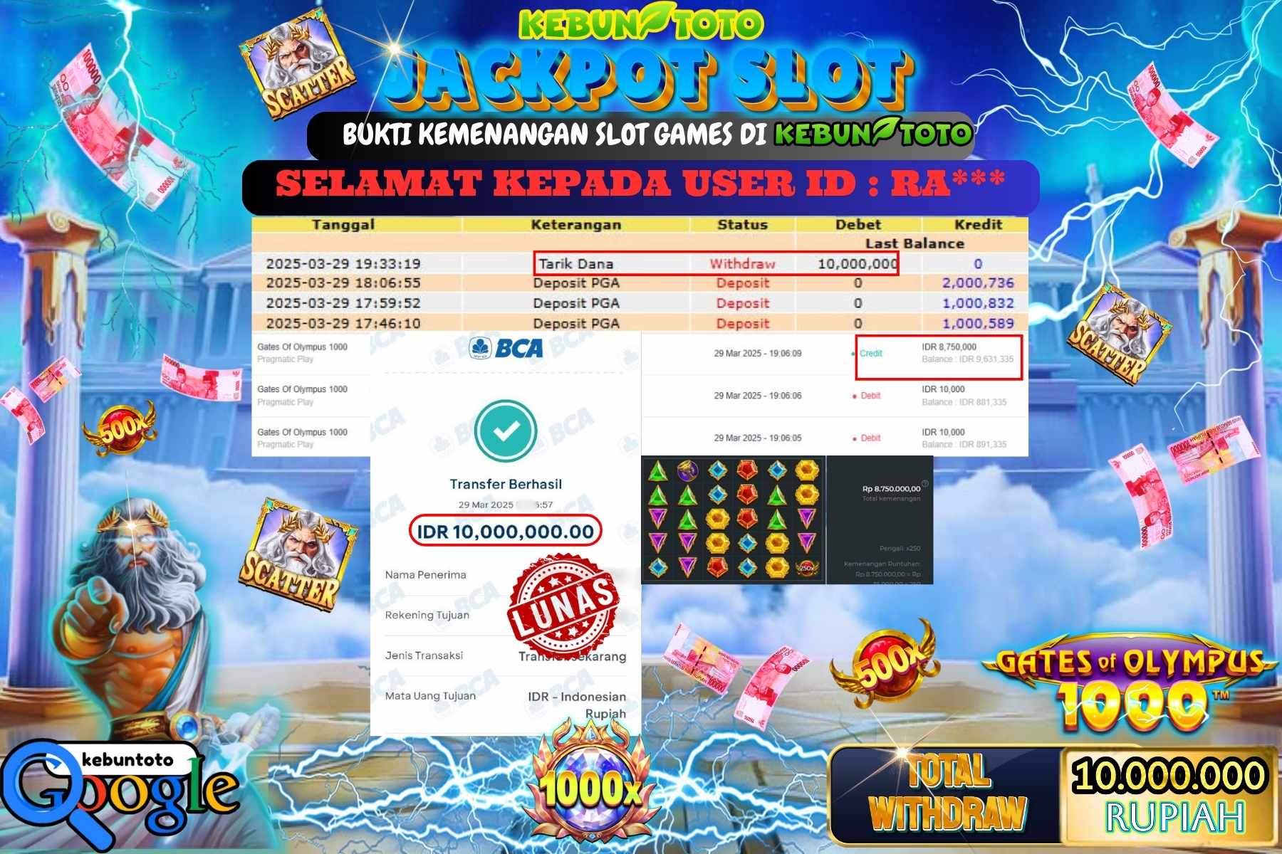 KEBUNTOTO JACKPOT, SLOT GATES OF OLYMPUS 1000 Rp 10.000.000,- LUNAS