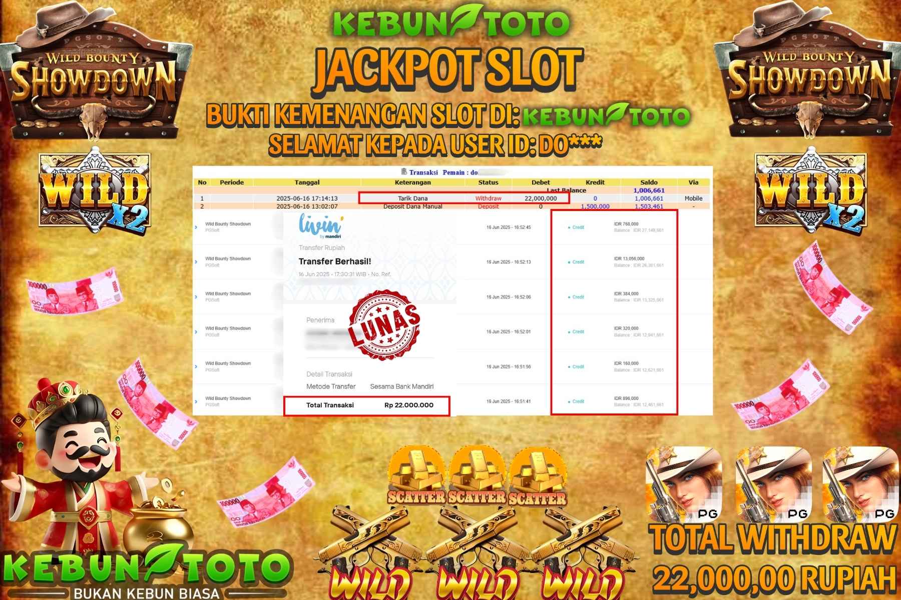 KEBUNTOTO JACKPOT SLOT WILD BOUNTY SHOWDOWN Rp 22.000.000,- LUNAS