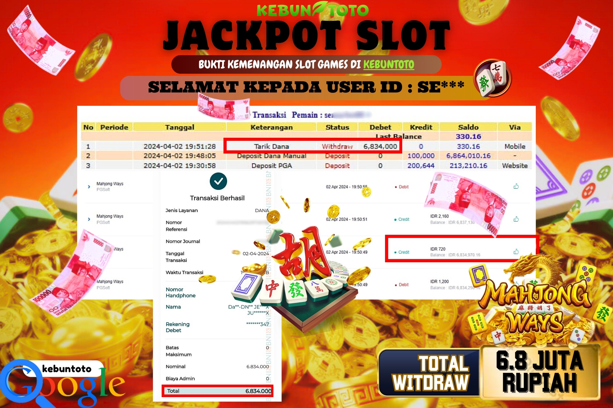 KEBUNTOTO JACKPOT SLOT MAHJONG WAYS Rp.6.834.000,- LUNAS