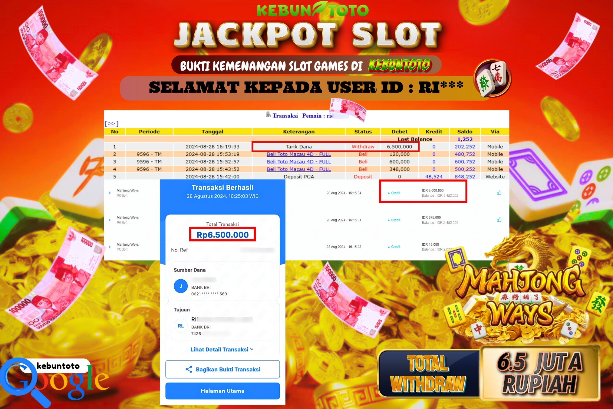 KEBUNTOTO JACKPOT SLOT MAHJONG WAYS Rp.6.500.000,- LUNAS