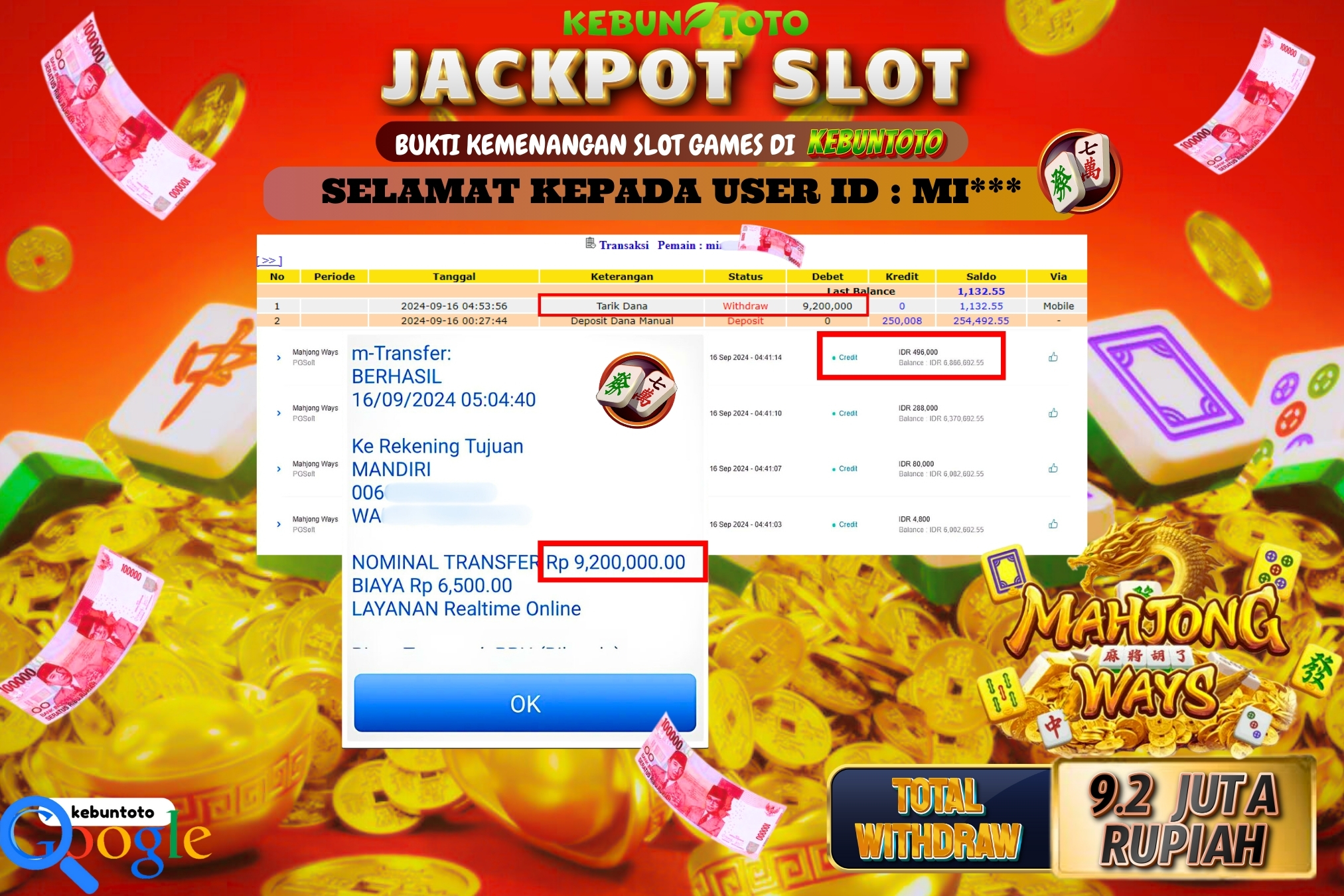 KEBUNTOTO JACKPOT SLOT MAHJONG WAYS Rp.9.200.000,- LUNAS