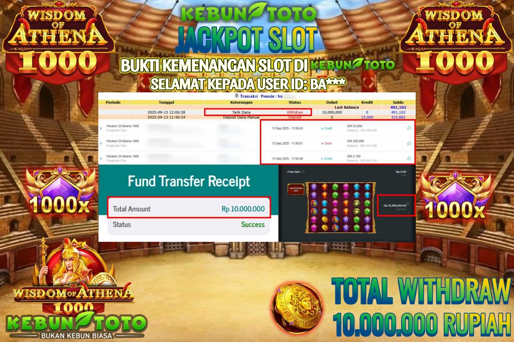Bukti Kemenangan Rp 10.000.000 SLOT WISDOM OF ATHENA 1000 di KEBUNTOTO!