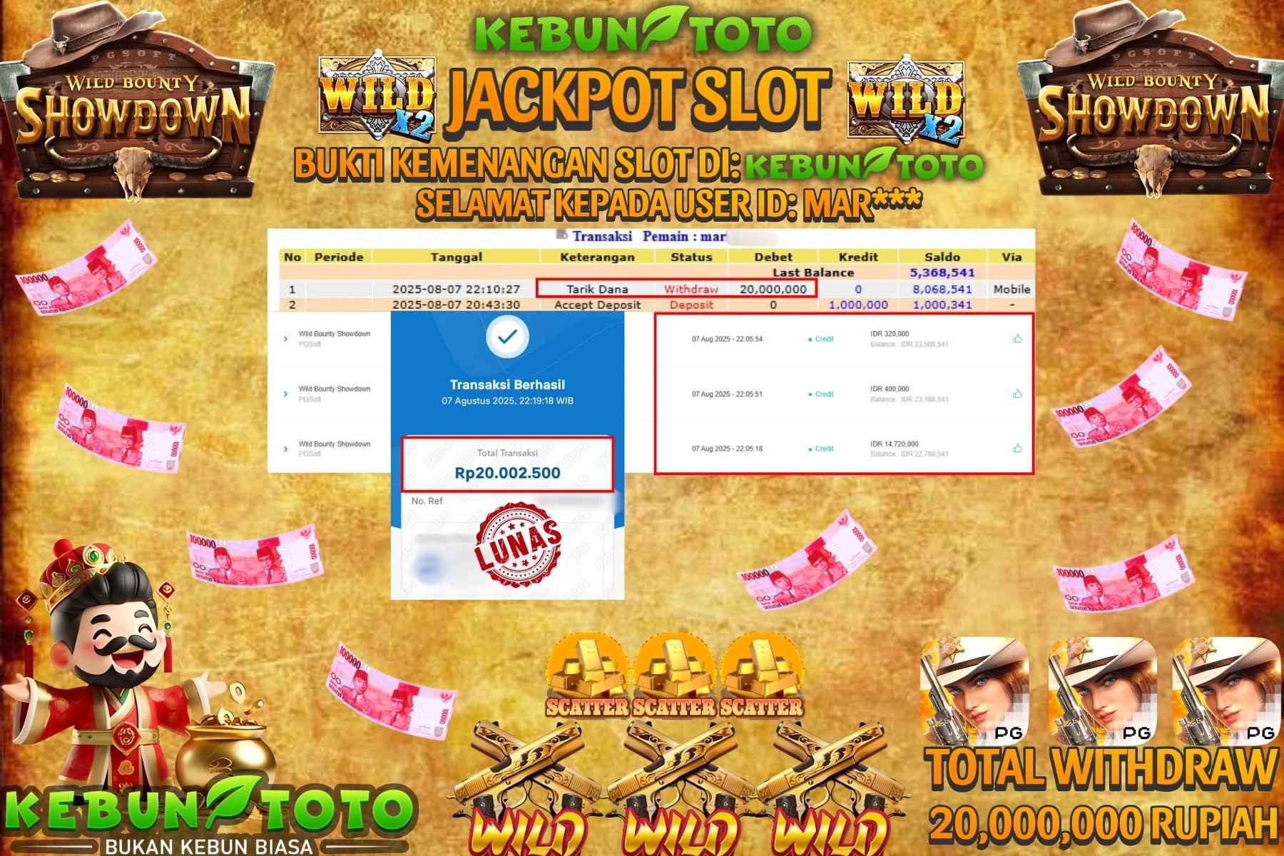 Bukti Kemenangan Rp 20.000.000 SLOT WILD BOUNTY SHOWDOWN di KEBUNTOTO!