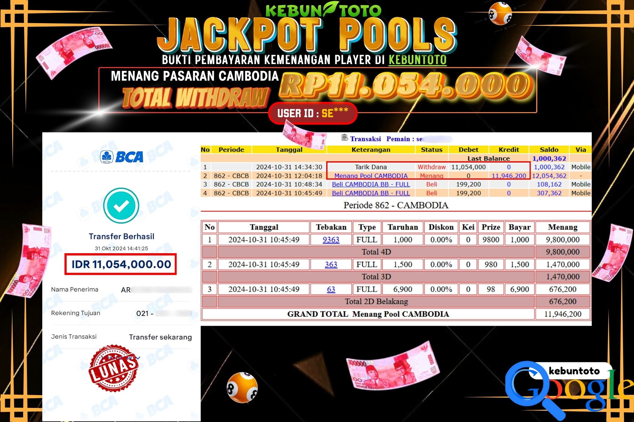 KEBUNTOTO JACKPOT TOGEL PASARAN CAMBODIA Rp.11.054.000,- LUNAS