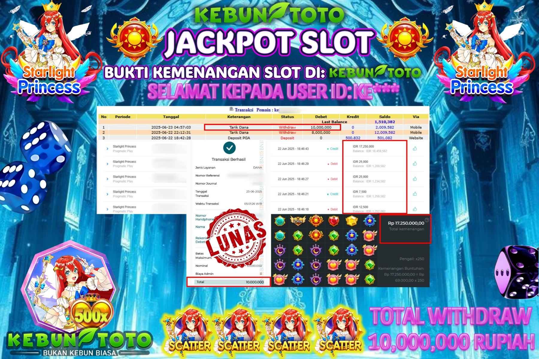 Bukti Kemenangan Rp 10.000.000 SLOT STARLIGHT PRINCESS di KEBUNTOTO!